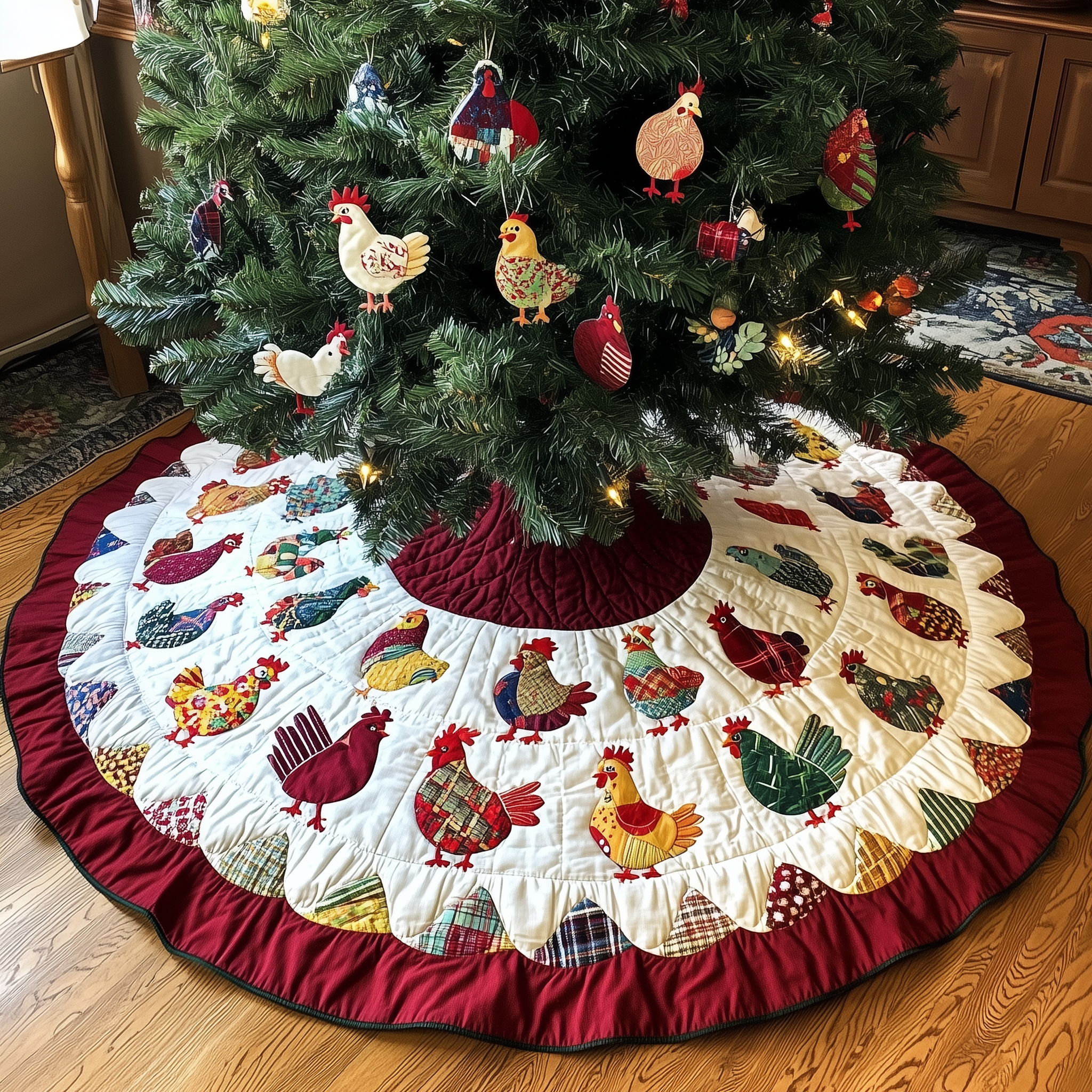 Festive Chicken Christmas Quilted Tree Skirt Celebrate Elegantly with a Timeless Christmas Tree Skirt Festive Chicken Christmas Quilted Tree Skirt Celebrate Elegantly with a Timeless Christmas Tree Skirt