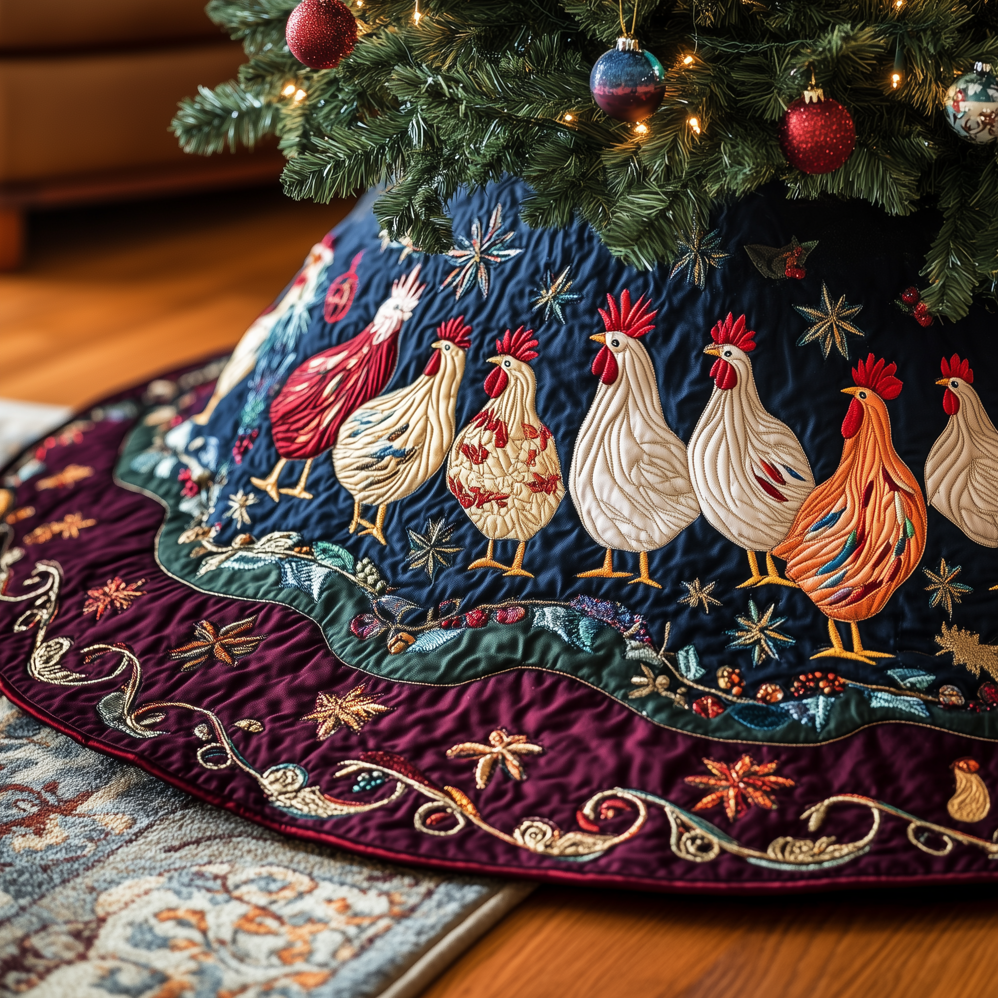 Festive Chicken Quilted Tree Skirt Celebrate the Season Safely with a Durable Tree Skirt Festive Chicken Quilted Tree Skirt Celebrate the Season Safely with a Durable Tree Skirt