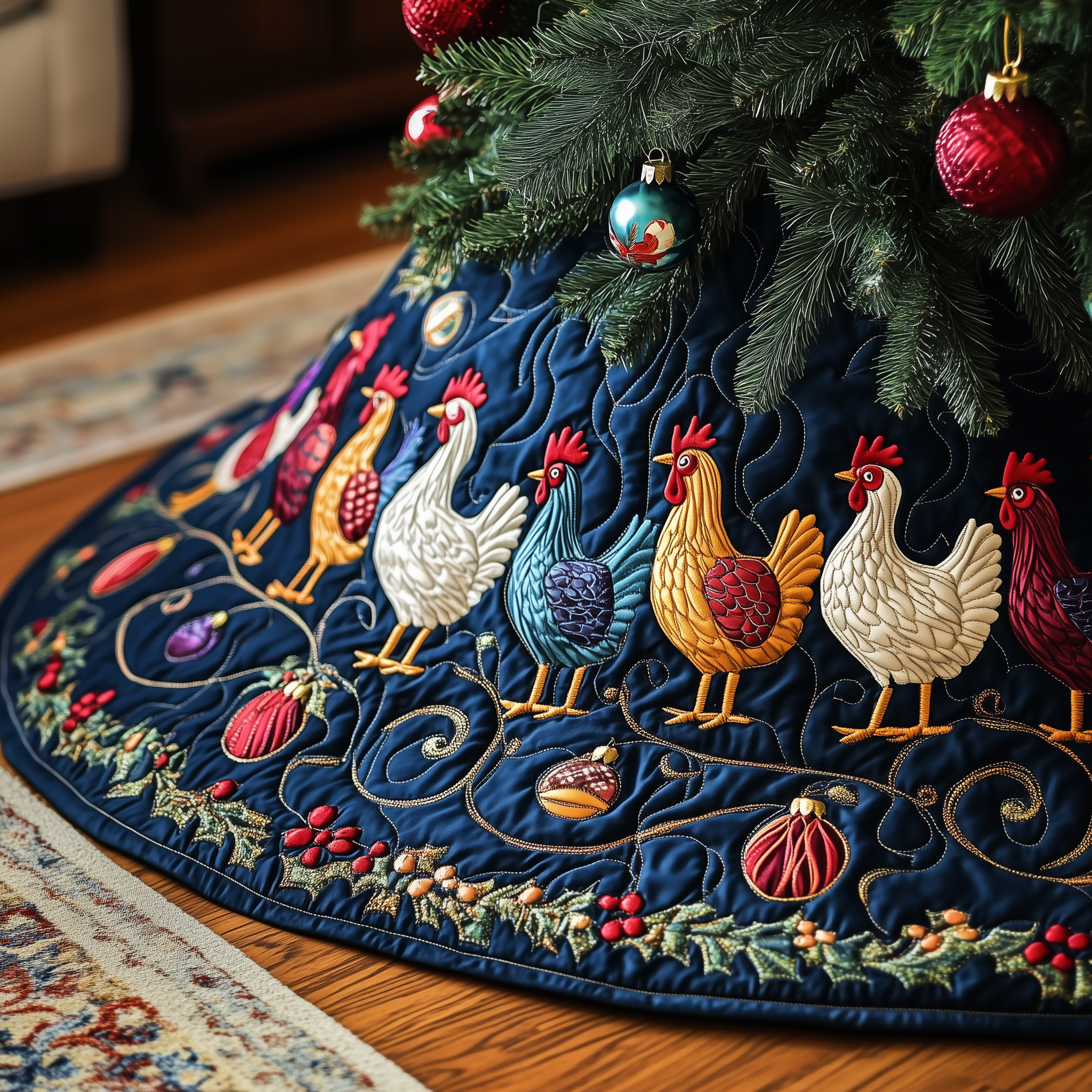 Festive Chicken Quilted Tree Skirt Experience the Magic of Christmas with a Stylish Tree Skirt Festive Chicken Quilted Tree Skirt Experience the Magic of Christmas with a Stylish Tree Skirt