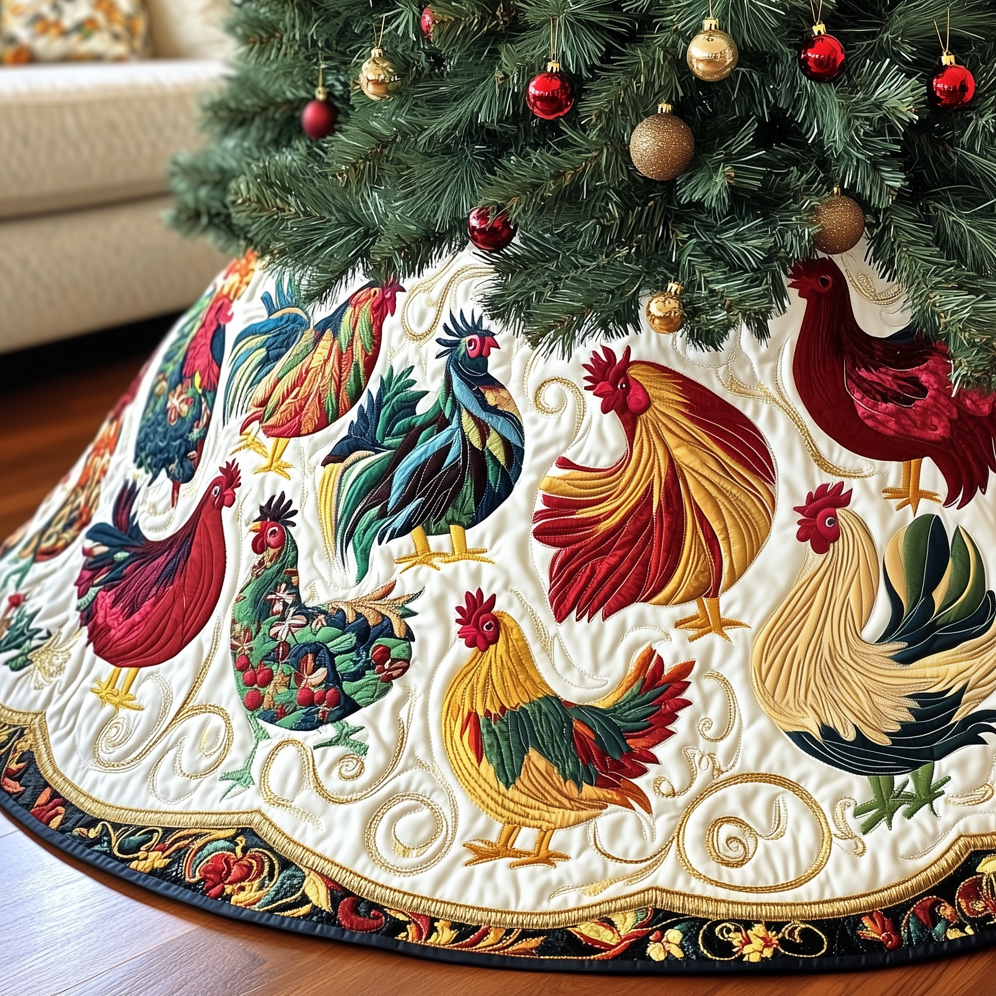 Festive Chicken Quilted Tree Skirt Feel the Warmth of Christmas with Protective Decor Festive Chicken Quilted Tree Skirt Feel the Warmth of Christmas with Protective Decor