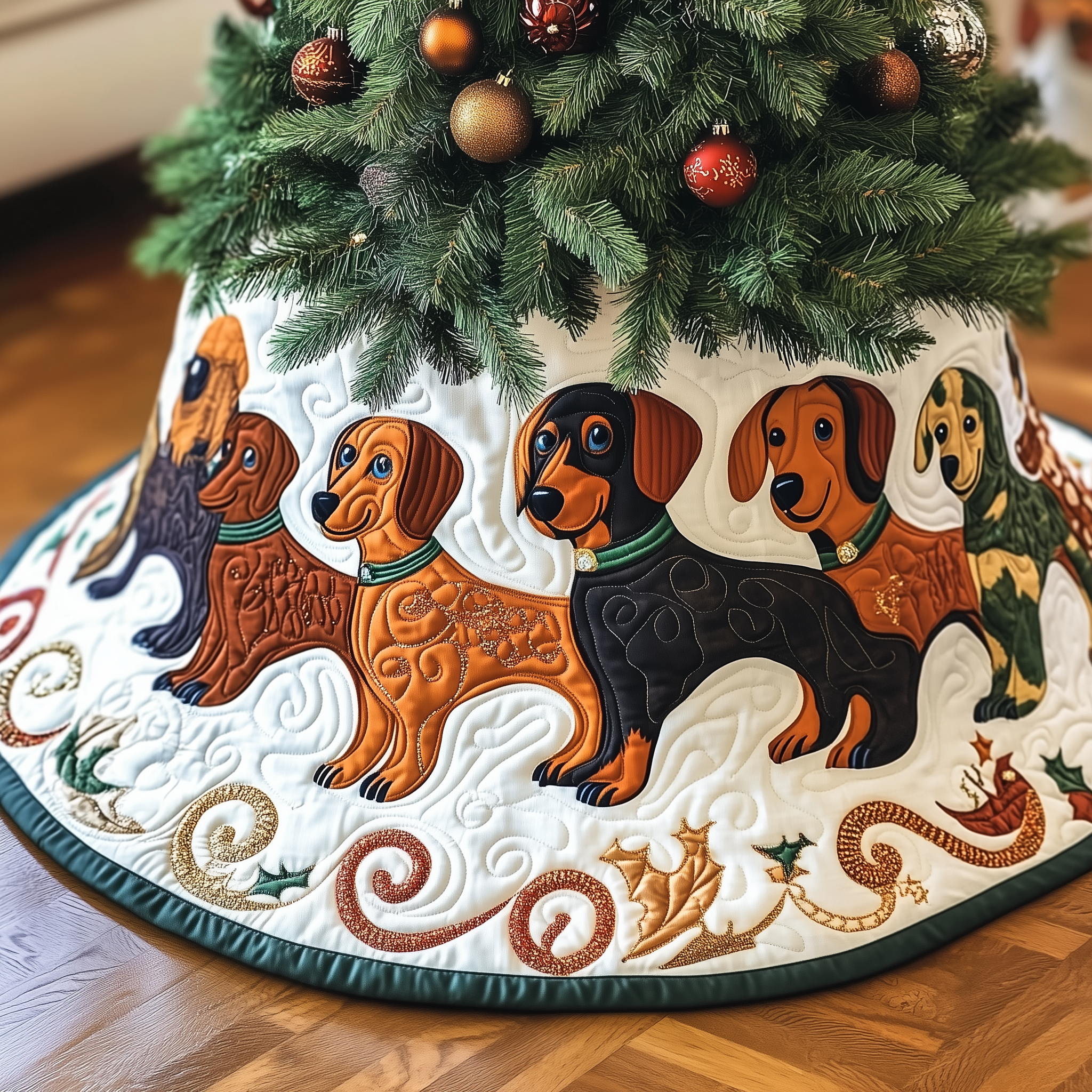 Festive Dachshund Quilted Tree Skirt Make the Holidays Worry-Free with Protective Tree Decor Festive Dachshund Quilted Tree Skirt Make the Holidays Worry-Free with Protective Tree Decor