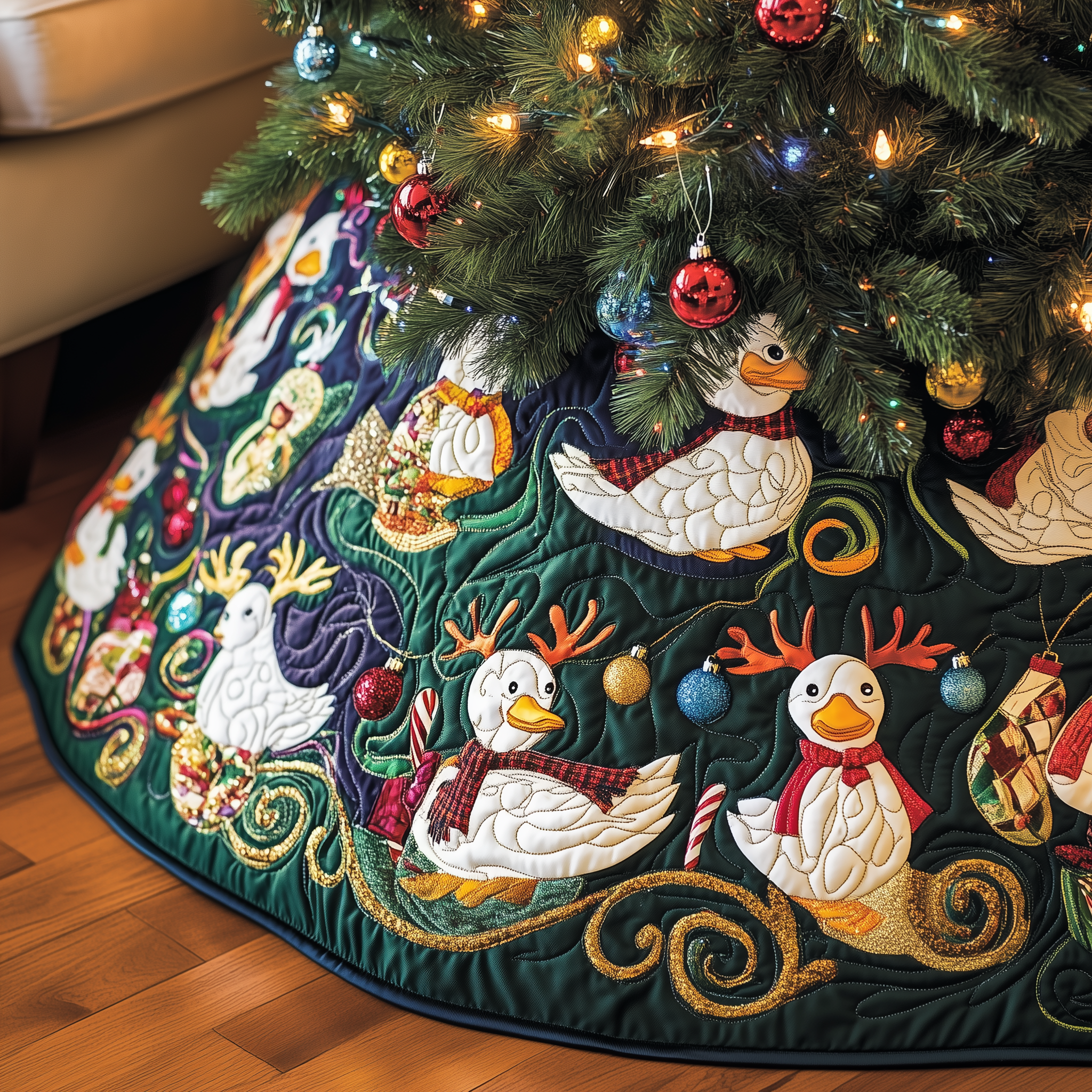 Festive Duck Quilted Tree Skirt Celebrate Joyfully with a Stylish Christmas Tree Skirt Festive Duck Quilted Tree Skirt Celebrate Joyfully with a Stylish Christmas Tree Skirt
