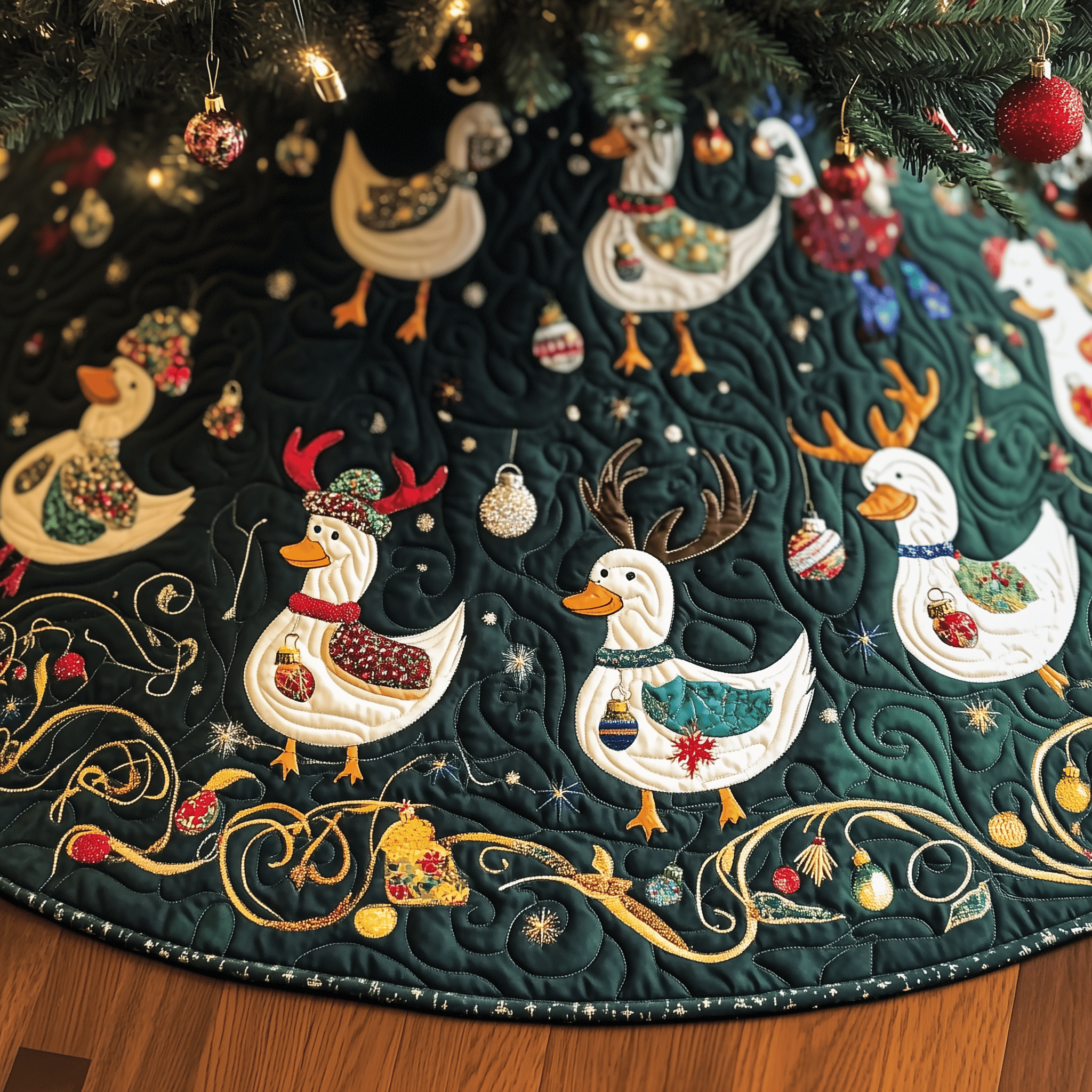 Festive Duck Quilted Tree Skirt Enjoy a Relaxing Holiday with Peaceful Tree Decor Festive Duck Quilted Tree Skirt Enjoy a Relaxing Holiday with Peaceful Tree Decor