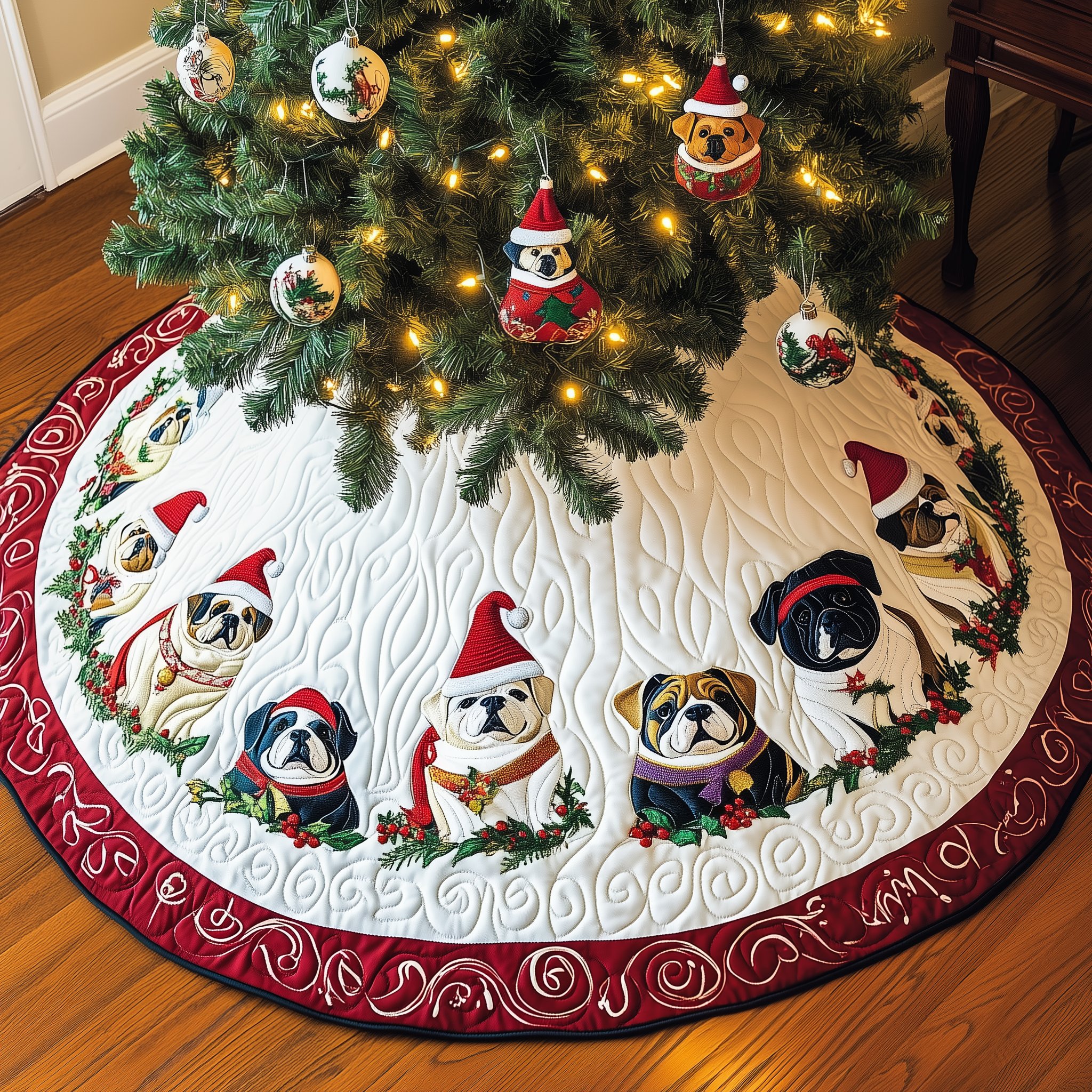 Festive English Bulldog Quilted Tree Skirt Elevate Your Holiday Vibes with Protective Tree Decor Festive English Bulldog Quilted Tree Skirt Elevate Your Holiday Vibes with Protective Tree Decor