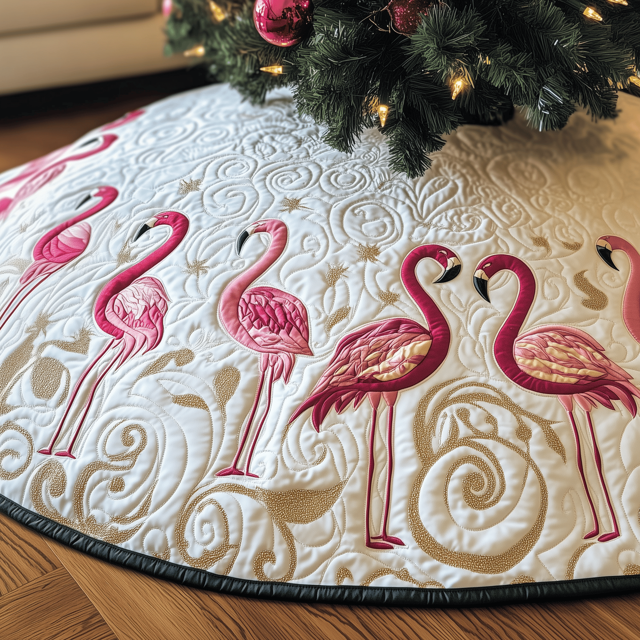 Festive Flamingo Quilted Tree Skirt Relax and Enjoy the Holidays with Peaceful Tree Decor Festive Flamingo Quilted Tree Skirt Relax and Enjoy the Holidays with Peaceful Tree Decor