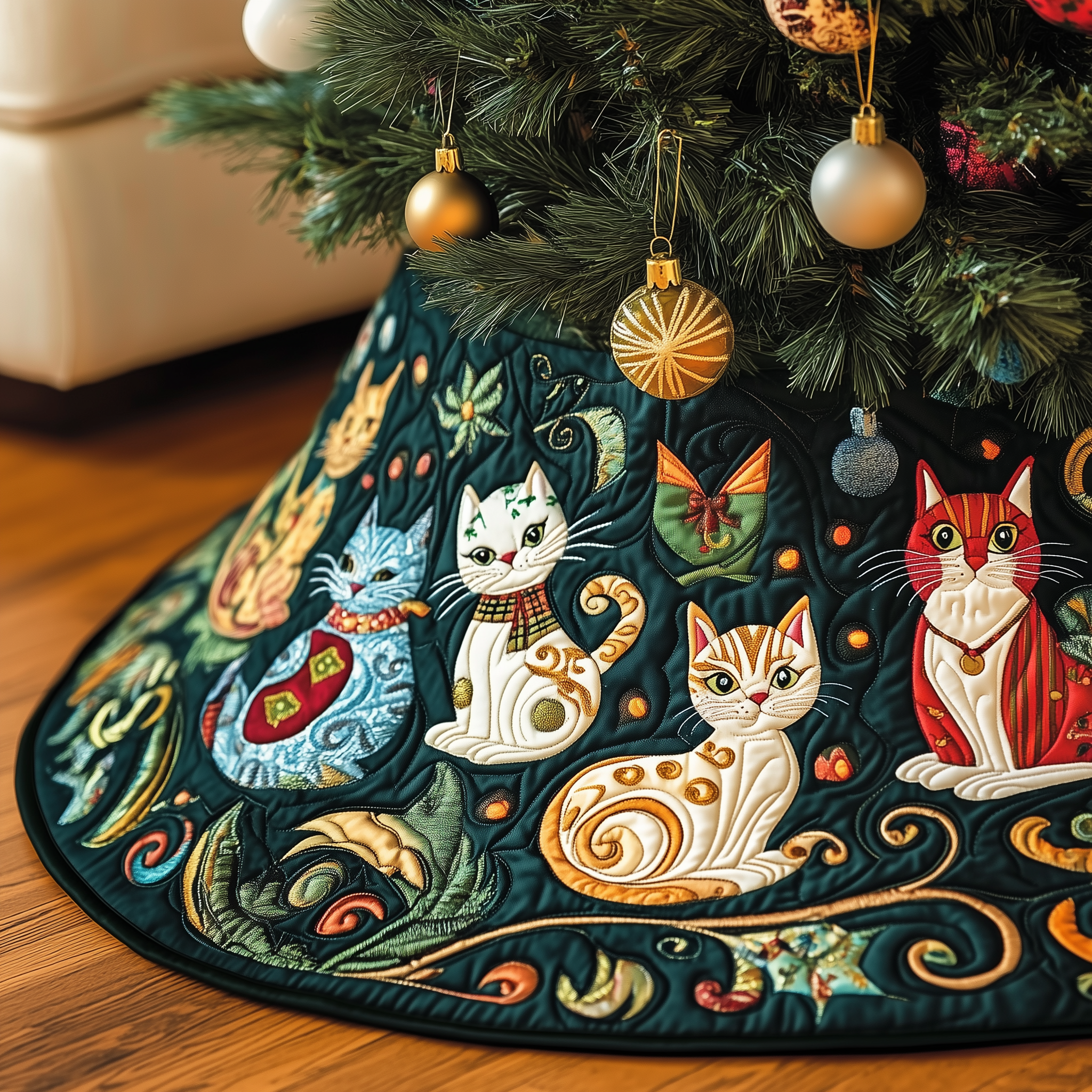 Festive Folk Art Cat Quilted Tree Skirt Bring the Whole Family Together with Protective Holiday Decor Festive Folk Art Cat Quilted Tree Skirt Bring the Whole Family Together with Protective Holiday Decor