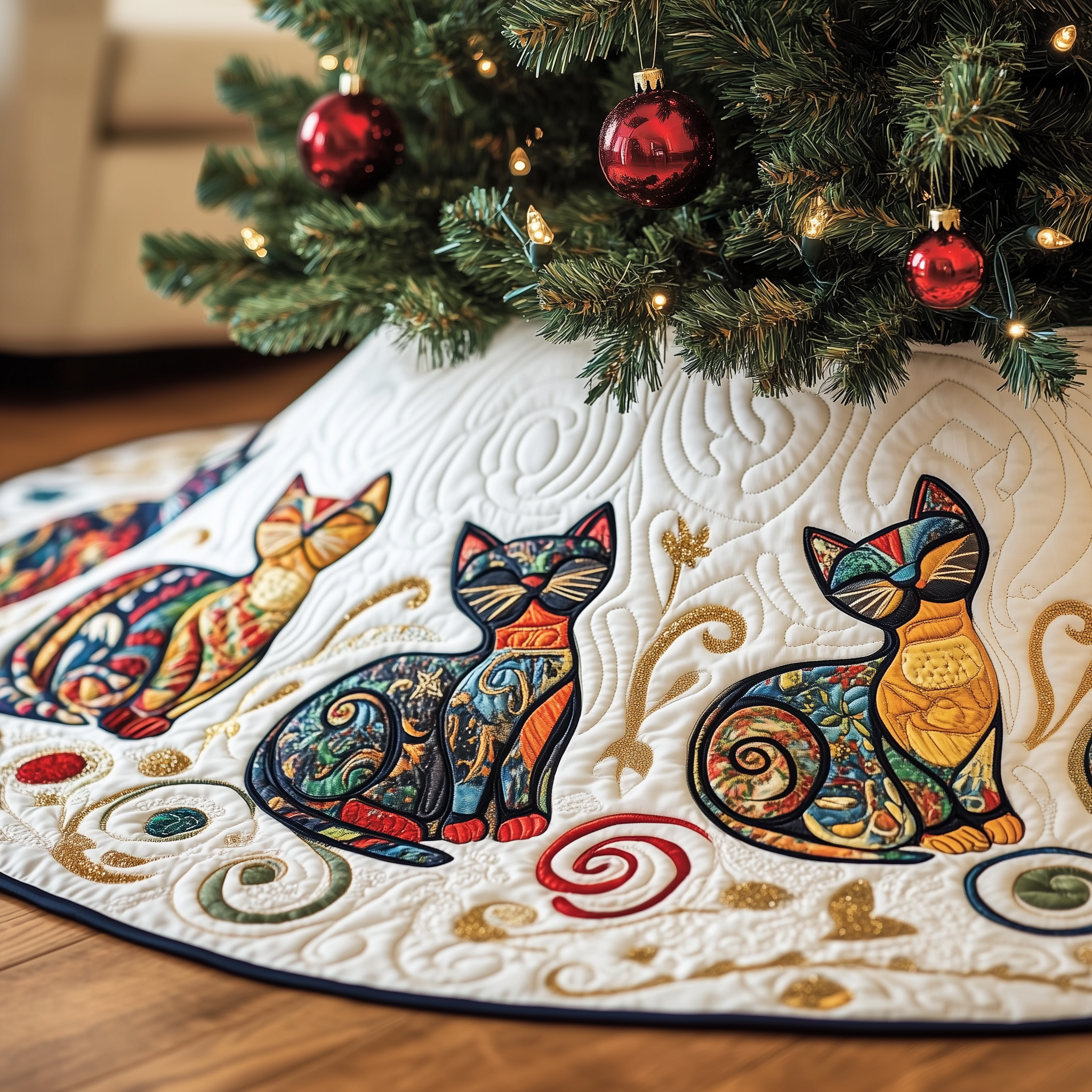 Festive Folk Art Cat Quilted Tree Skirt Celebrate Traditions Safely with a Timeless Tree Skirt Festive Folk Art Cat Quilted Tree Skirt Celebrate Traditions Safely with a Timeless Tree Skirt