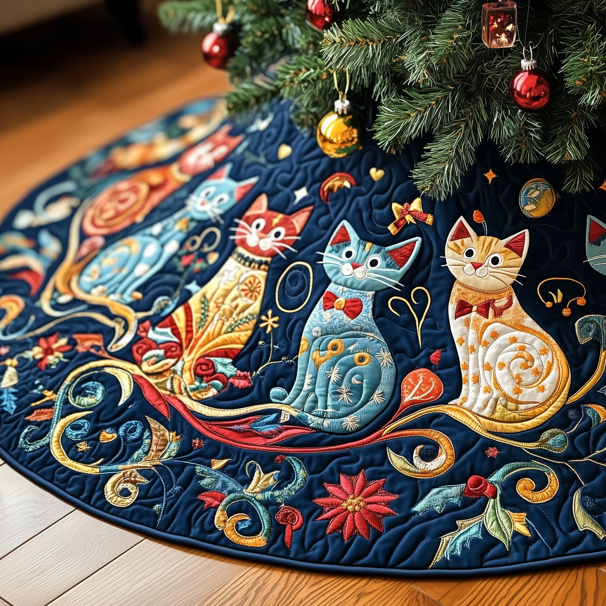 Festive Folk Art Cat Quilted Tree Skirt Celebrate Without Worry Choose a Secure Tree Skirt Festive Folk Art Cat Quilted Tree Skirt Celebrate Without Worry Choose a Secure Tree Skirt