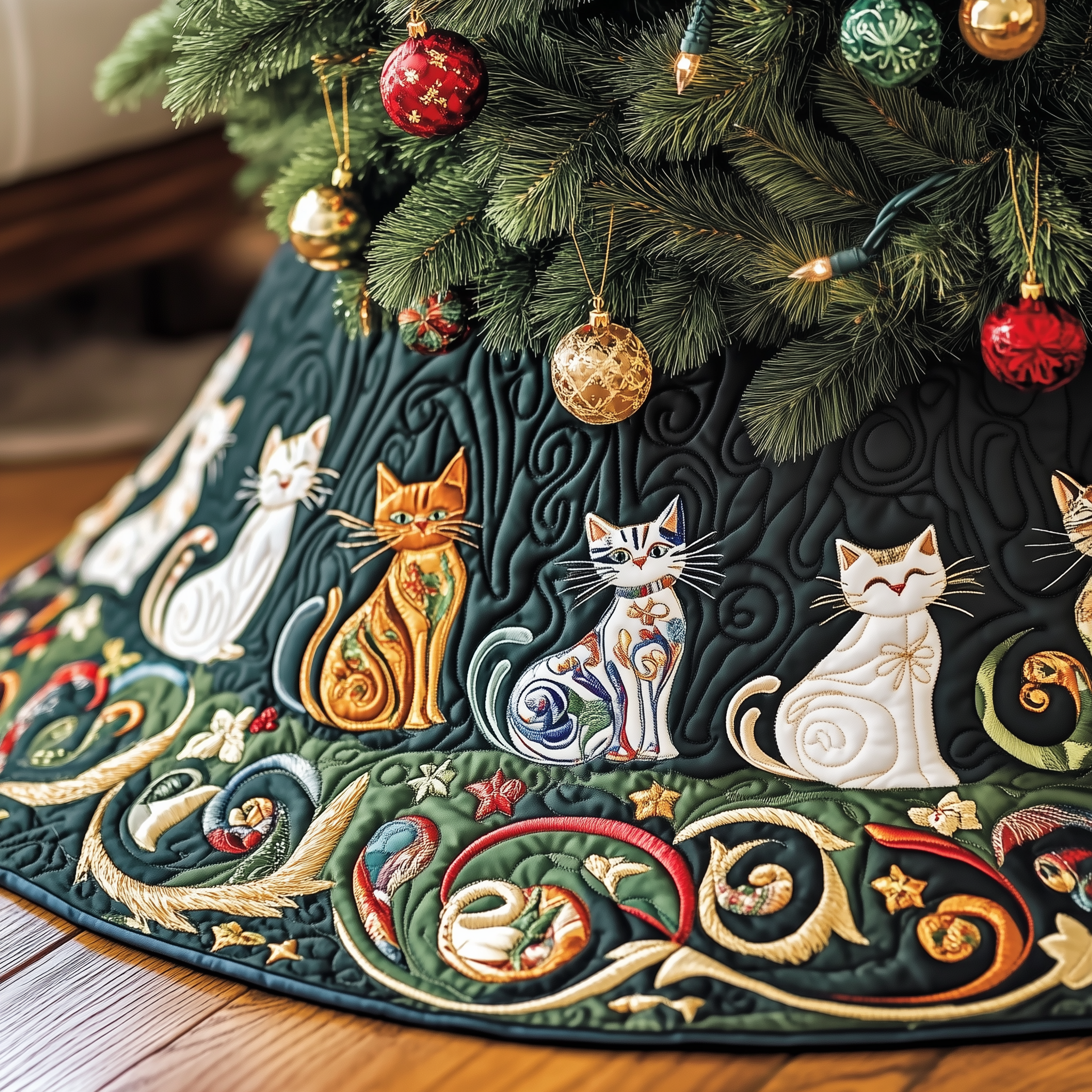 Festive Folk Art Cat Quilted Tree Skirt Enjoy Christmas Morning with a Thoughtful Tree Skirt Festive Folk Art Cat Quilted Tree Skirt Enjoy Christmas Morning with a Thoughtful Tree Skirt