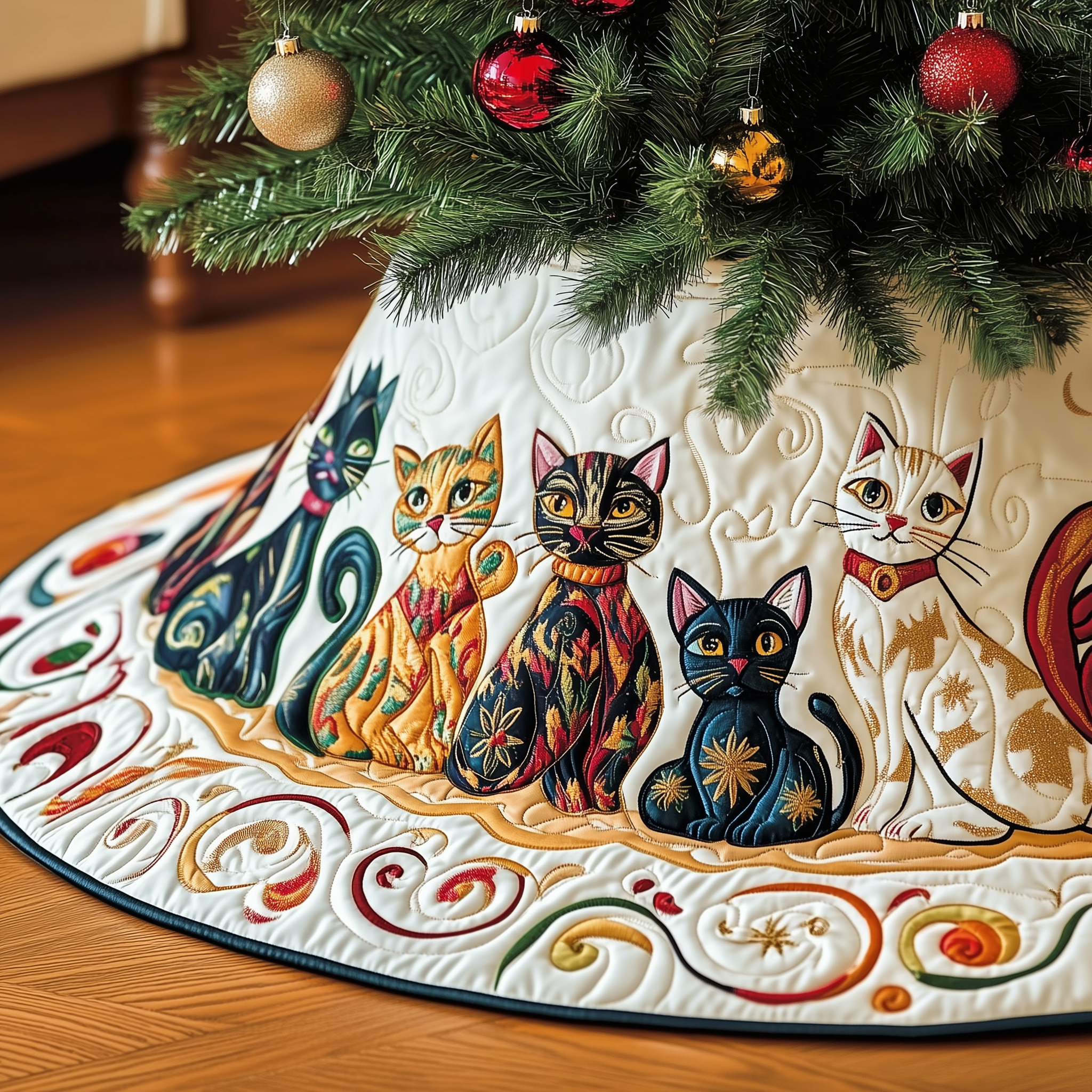 Festive Folk Art Cat Quilted Tree Skirt Feel the Warmth of the Holidays with a Safe Tree Skirt Festive Folk Art Cat Quilted Tree Skirt Feel the Warmth of the Holidays with a Safe Tree Skirt