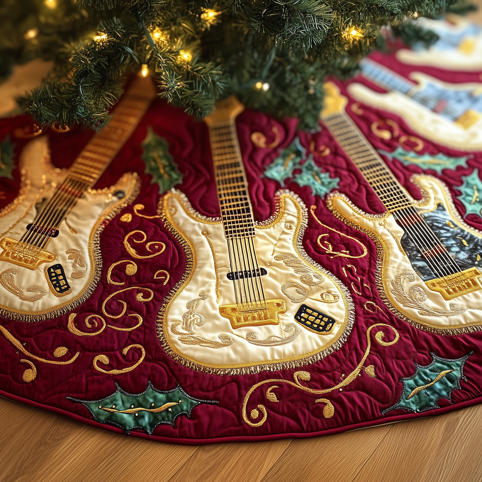 Festive Gold Guitar Quilted Tree Skirt Celebrate Every Detail with a Safe and Stylish Tree Skirt Festive Gold Guitar Quilted Tree Skirt Celebrate Every Detail with a Safe and Stylish Tree Skirt