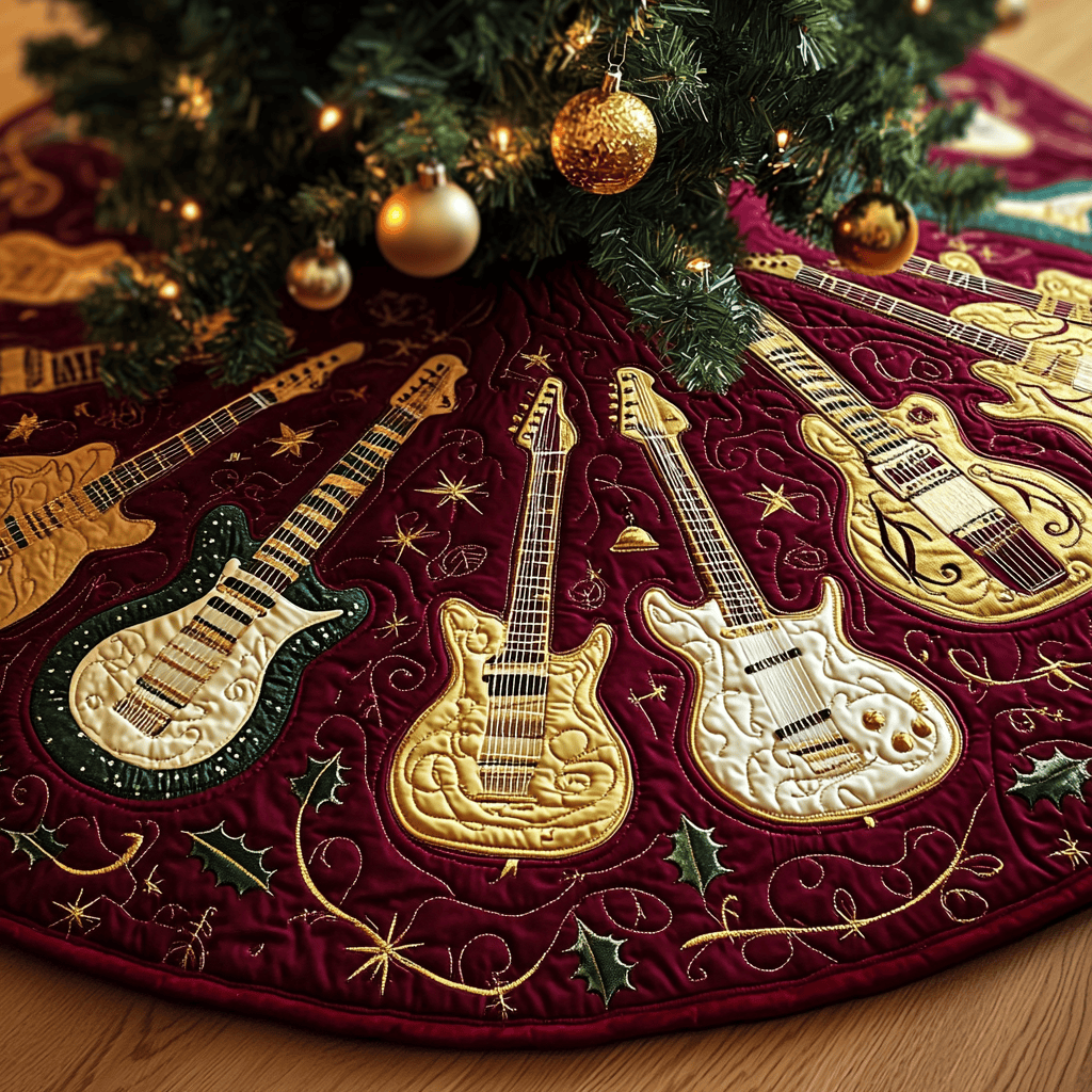 Festive Gold Guitar Quilted Tree Skirt Celebrate the Holidays Without Stress Choose Safety Festive Gold Guitar Quilted Tree Skirt Celebrate the Holidays Without Stress Choose Safety