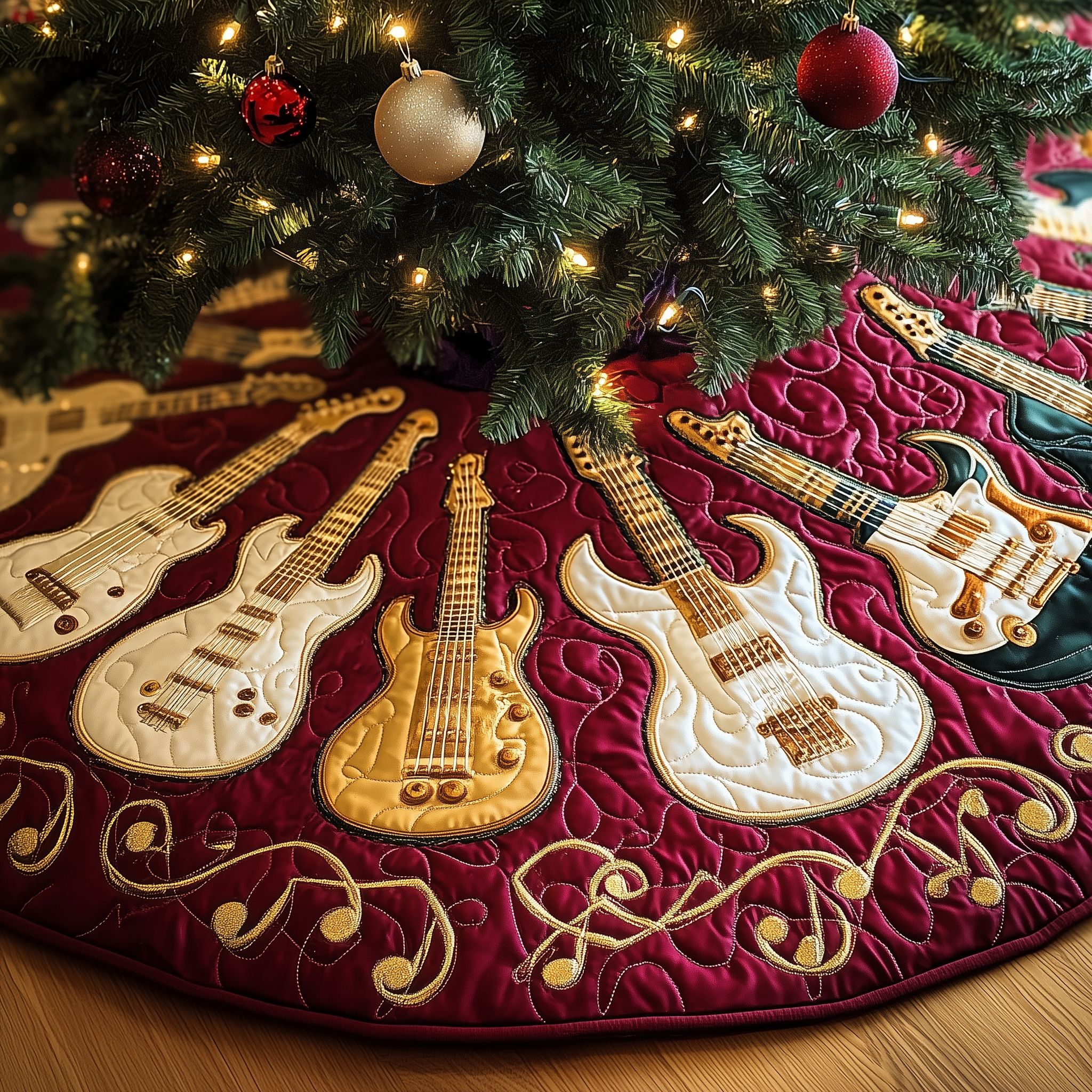 Festive Gold Guitar Quilted Tree Skirt Celebrate Without Limits with a Durable Tree Skirt Festive Gold Guitar Quilted Tree Skirt Celebrate Without Limits with a Durable Tree Skirt