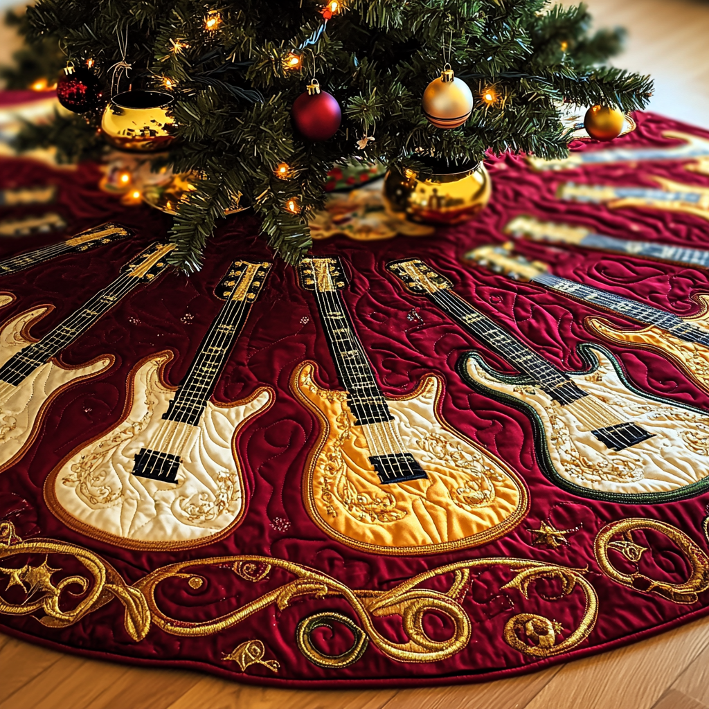 Festive Gold Guitar Quilted Tree Skirt Feel Good About Your Tree Decor This Holiday Festive Gold Guitar Quilted Tree Skirt Feel Good About Your Tree Decor This Holiday