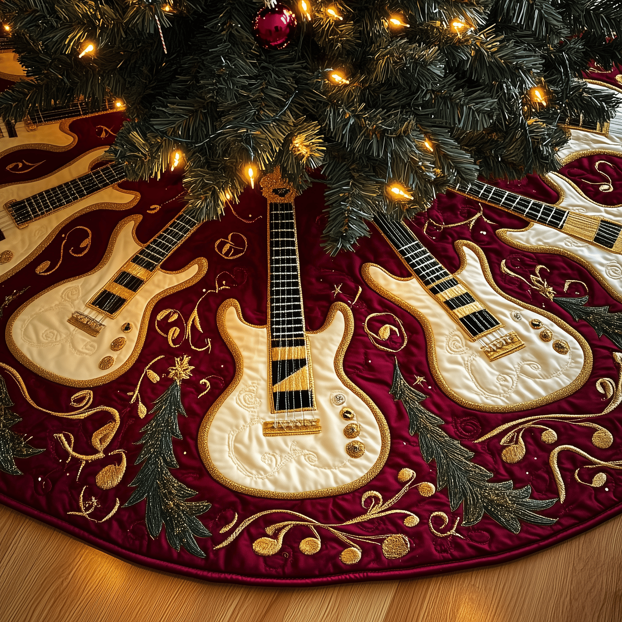 Festive Gold Guitar Quilted Tree Skirt Feel Joyful and Protected with Your Holiday Tree Skirt Festive Gold Guitar Quilted Tree Skirt Feel Joyful and Protected with Your Holiday Tree Skirt