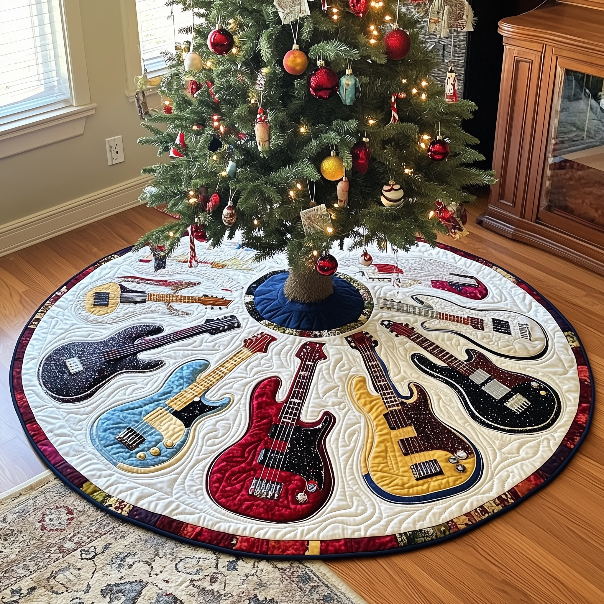 Festive Guitars Quilted Tree Skirt Celebrate the Holidays in Style and Safety Festive Guitars Quilted Tree Skirt Celebrate the Holidays in Style and Safety