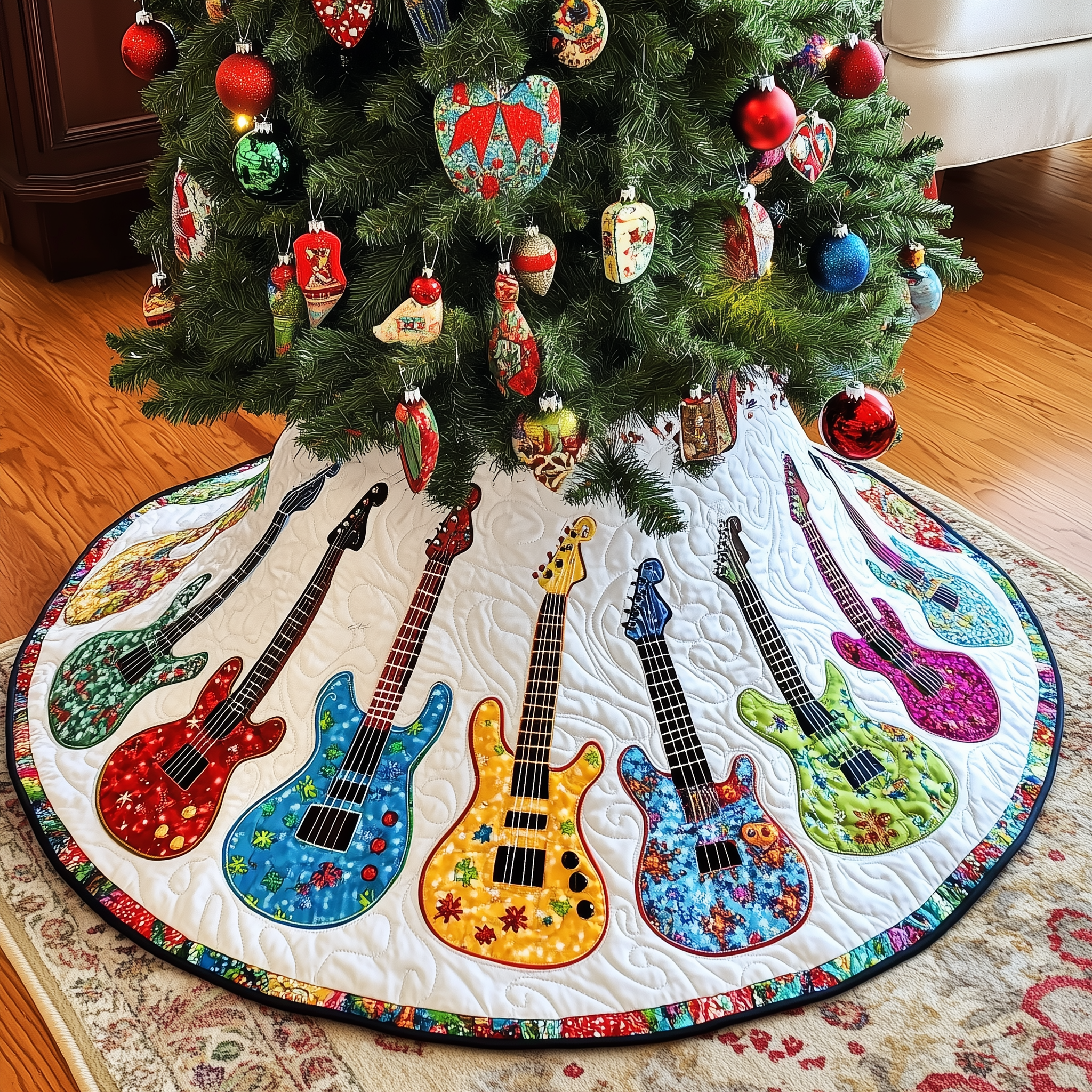 Festive Guitars Quilted Tree Skirt Celebrate Traditions with a Safe and Elegant Tree Skirt Festive Guitars Quilted Tree Skirt Celebrate Traditions with a Safe and Elegant Tree Skirt