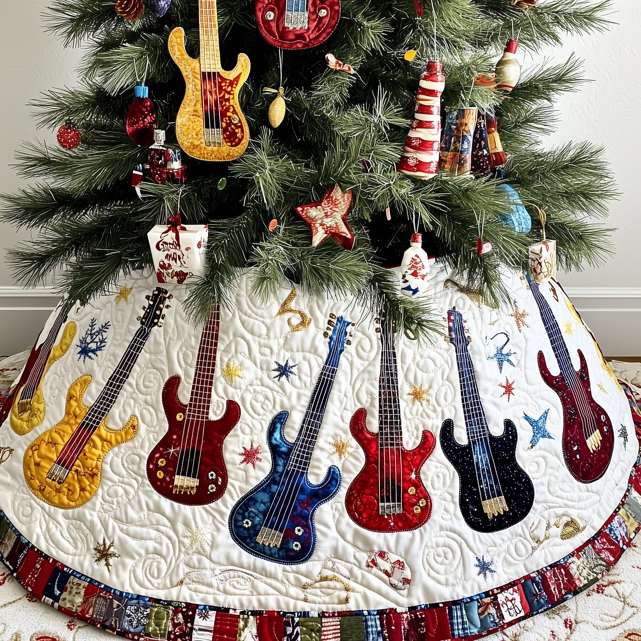Festive Guitars Quilted Tree Skirt Feel the Love of the Season Under Your Christmas Tree Festive Guitars Quilted Tree Skirt Feel the Love of the Season Under Your Christmas Tree