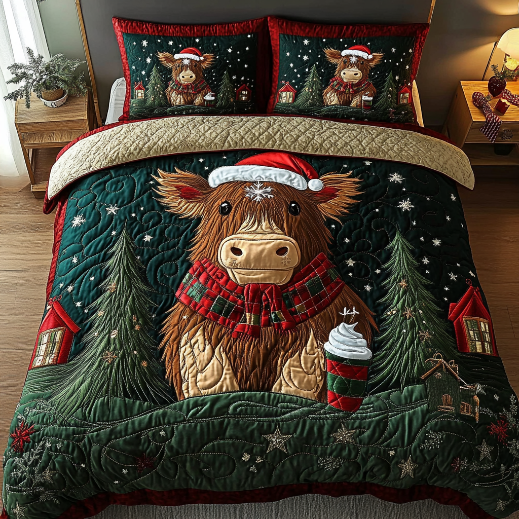 Festive Highland Quilted Bedding Set Gifts For Cattle Lovers Festive Highland Quilted Bedding Set Gifts For Cattle Lovers