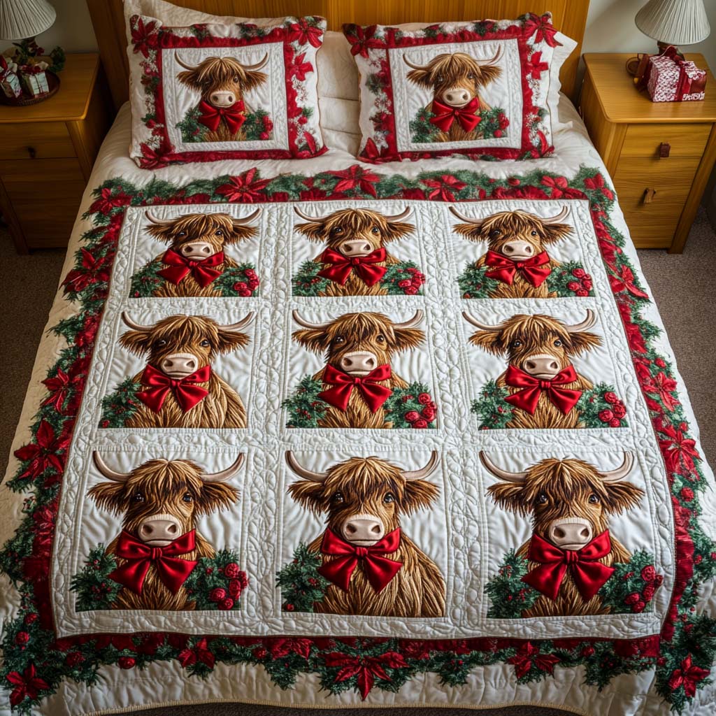 Festive Highland Quilted Bedding Set Unique Gifts For Cow Lovers Festive Highland Quilted Bedding Set Unique Gifts For Cow Lovers