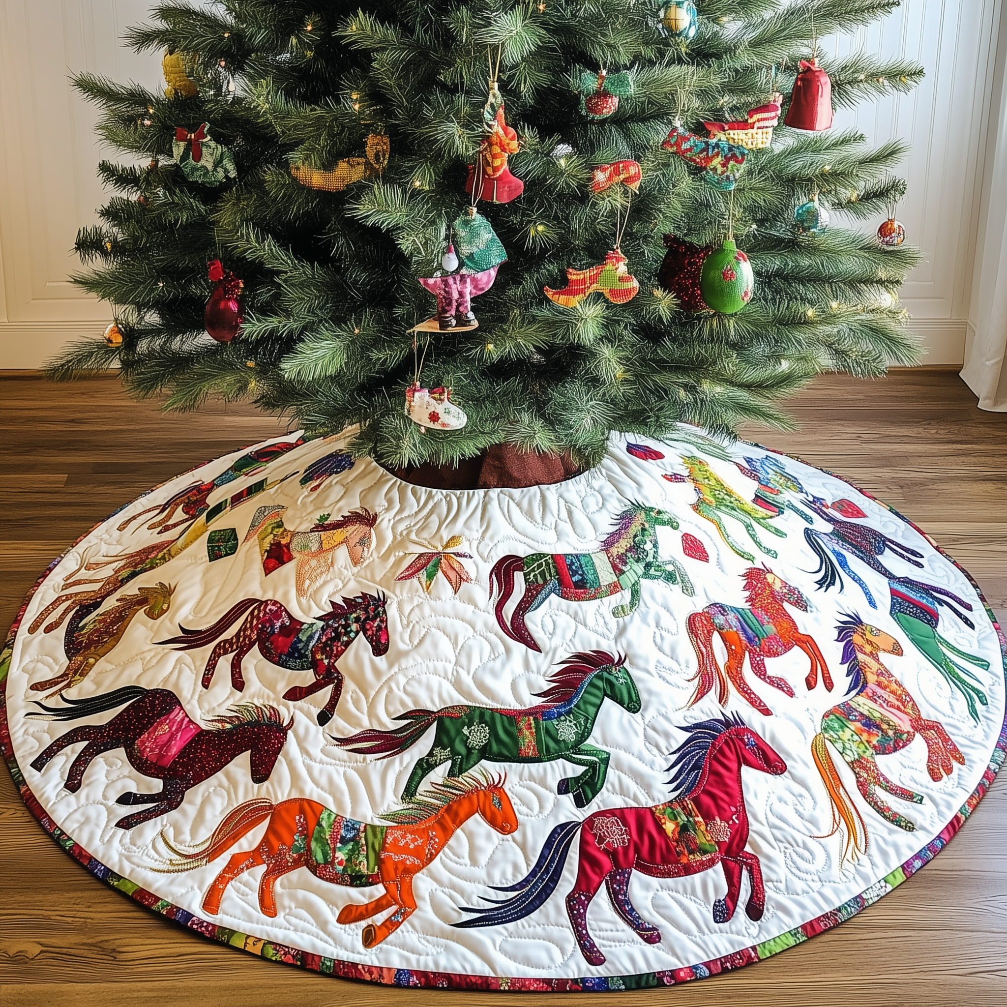 Festive Horses Quilted Tree Skirt Feel Inspired by the Magic of a Thoughtful Tree Skirt Festive Horses Quilted Tree Skirt Feel Inspired by the Magic of a Thoughtful Tree Skirt