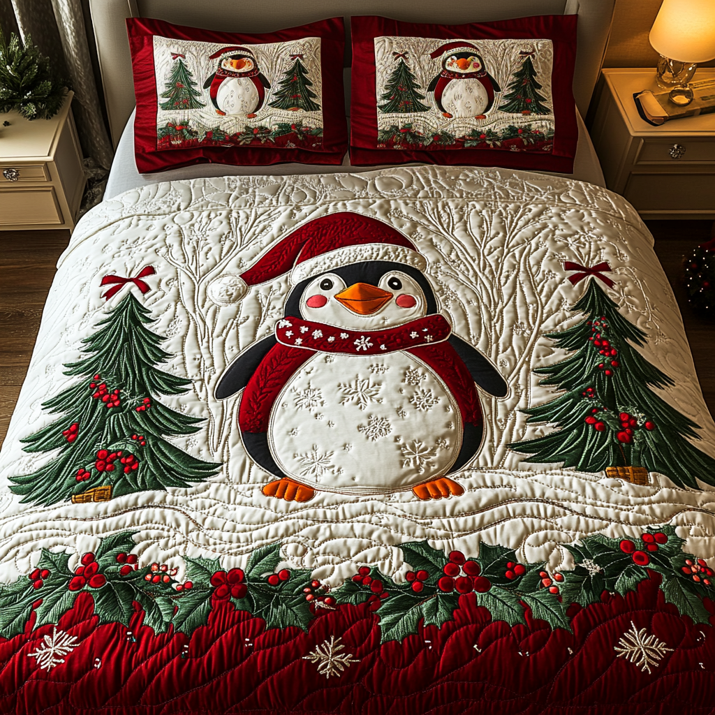 Festive Penguin Quilted Bedding Set Gift For Penguin Lover Festive Penguin Quilted Bedding Set Gift For Penguin Lover