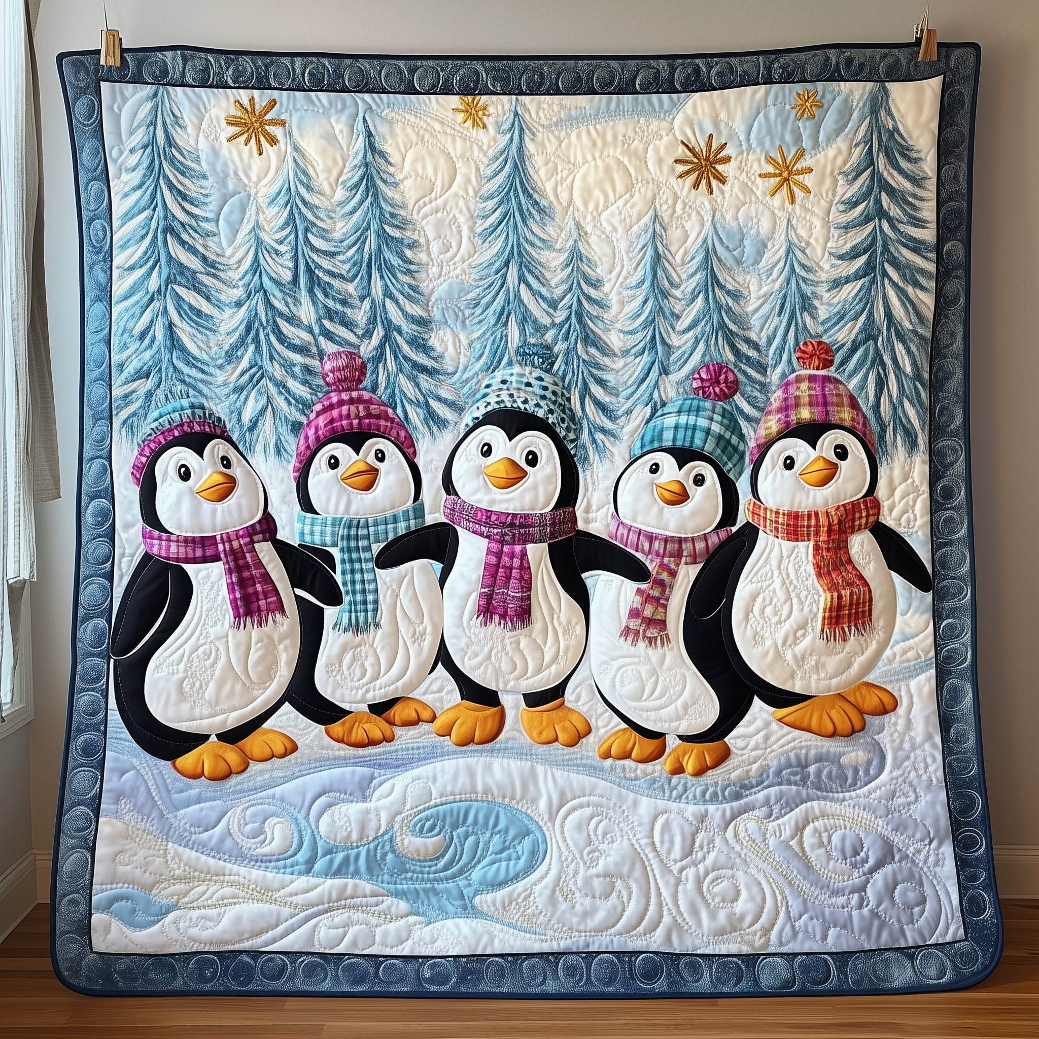 Festive Penguins in Snowy Wonderland Quilted Blanket Feel the Versatility of a Blanket That Adapts to You Festive Penguins in Snowy Wonderland Quilted Blanket Feel the Versatility of a Blanket That Adapts to You