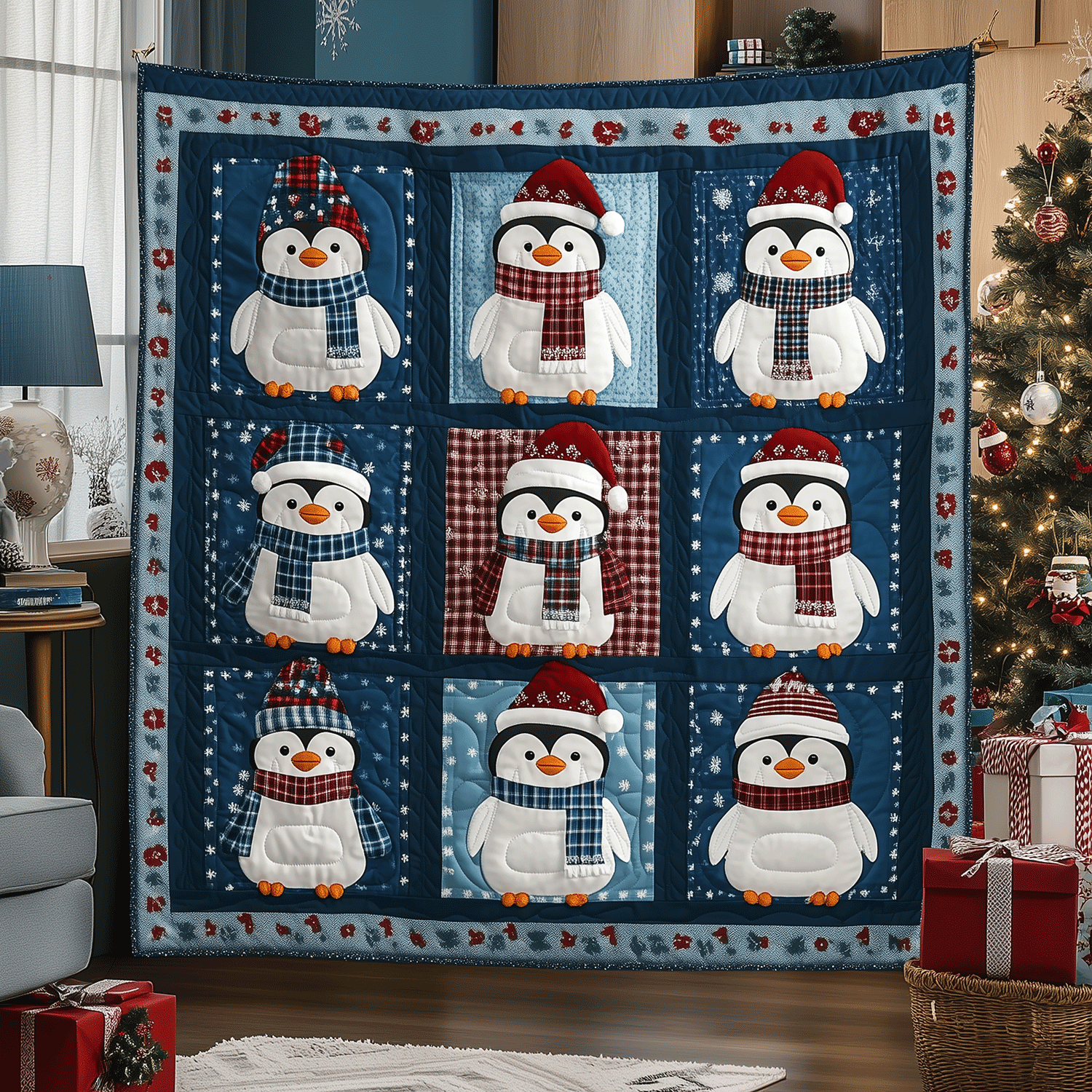Festive Penguins Quilted Blanket Christian Gifts For Friends Festive Penguins Quilted Blanket Christian Gifts For Friends