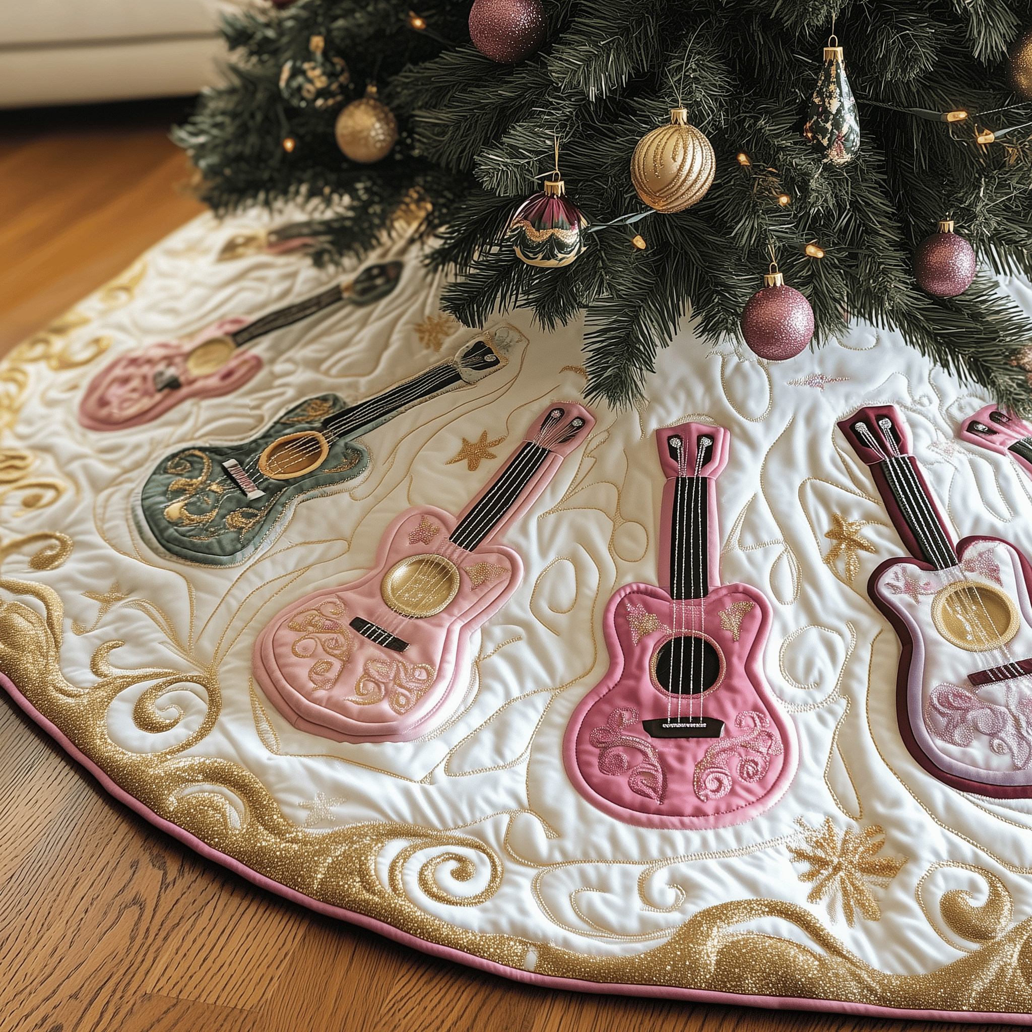 Festive Pinky Ukulele Quilted Tree Skirt Celebrate New Traditions with a Stylish and Safe Skirt Festive Pinky Ukulele Quilted Tree Skirt Celebrate New Traditions with a Stylish and Safe Skirt