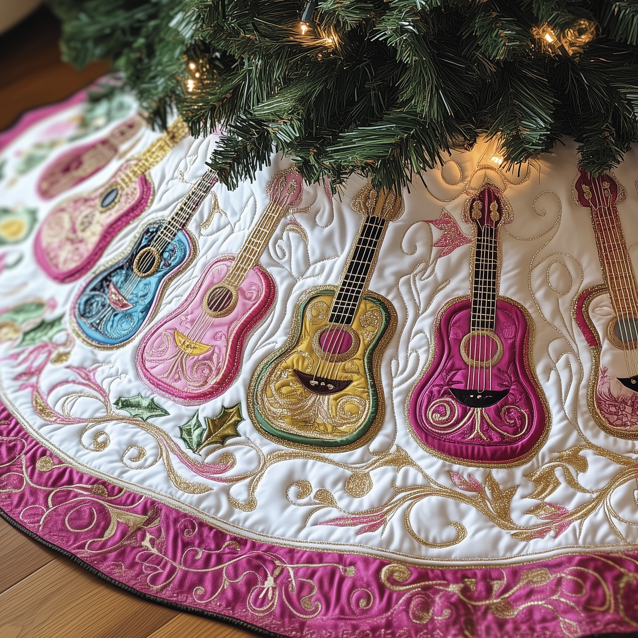 Festive Pinky Ukulele Quilted Tree Skirt Celebrate the Holidays Fully Protected with a Durable Skirt Festive Pinky Ukulele Quilted Tree Skirt Celebrate the Holidays Fully Protected with a Durable Skirt