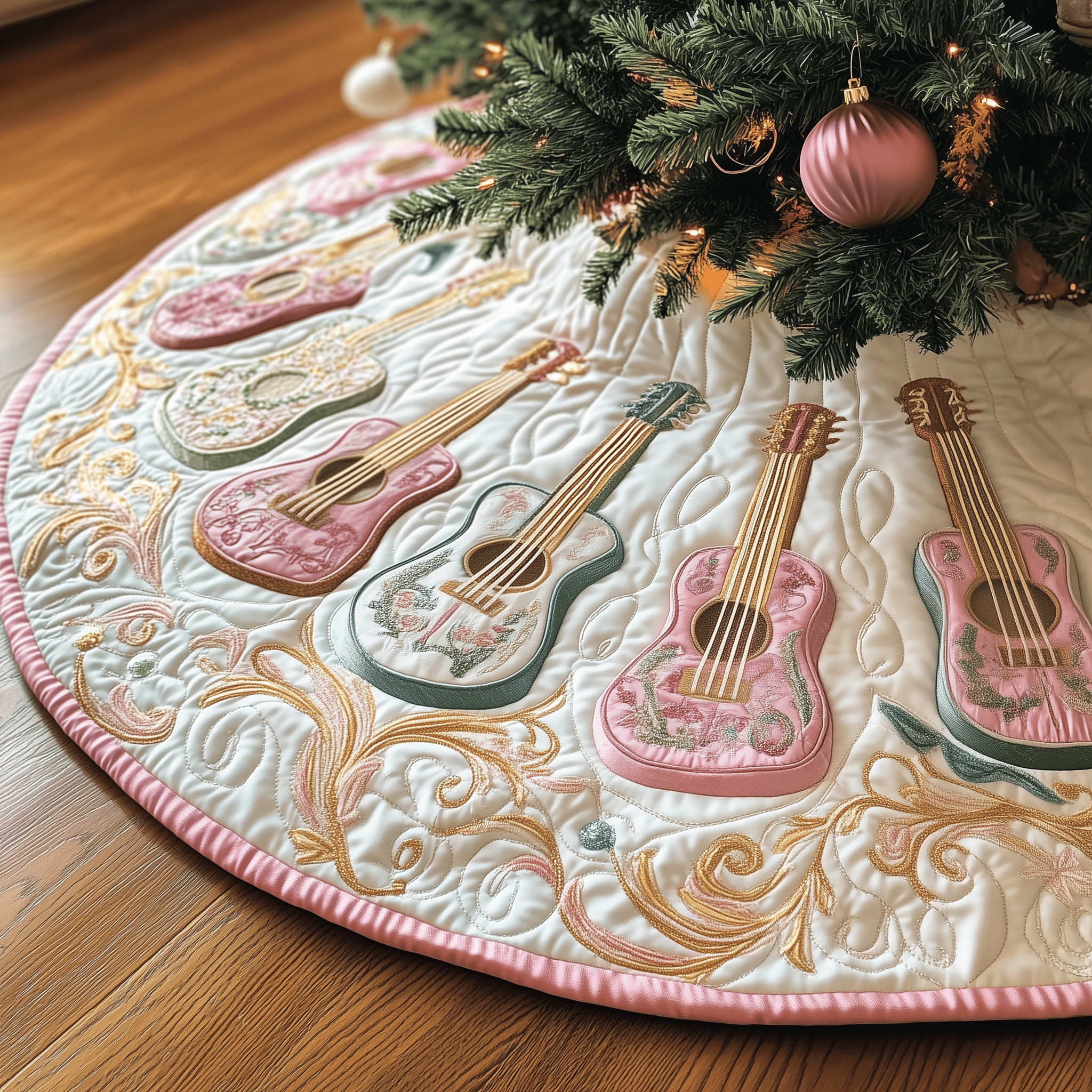 Festive Pinky Ukulele Quilted Tree Skirt Feel Peaceful Amid the Holiday Rush with Protective Decor Festive Pinky Ukulele Quilted Tree Skirt Feel Peaceful Amid the Holiday Rush with Protective Decor