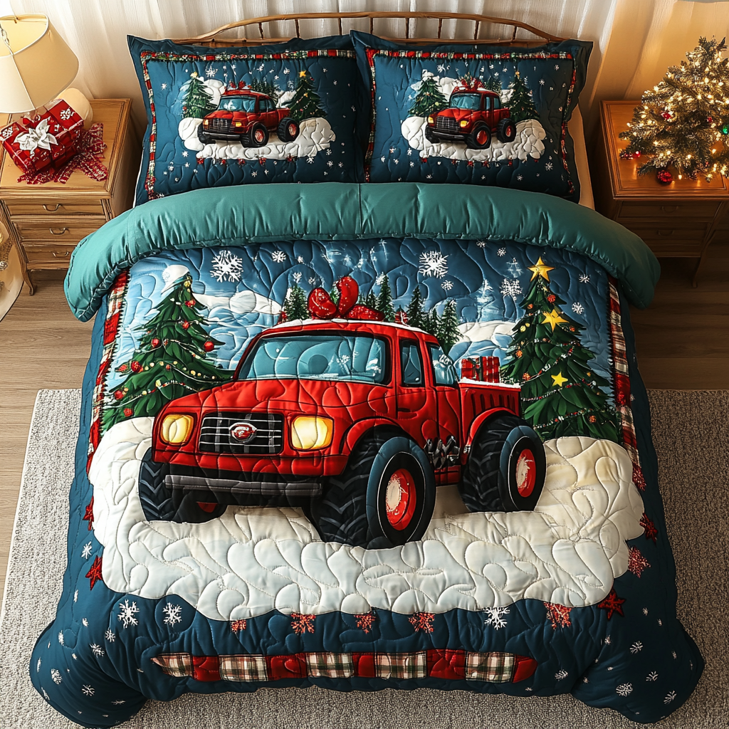Festive Red Truck Quilted Bedding Set Christmas Gift For Brother Festive Red Truck Quilted Bedding Set Christmas Gift For Brother