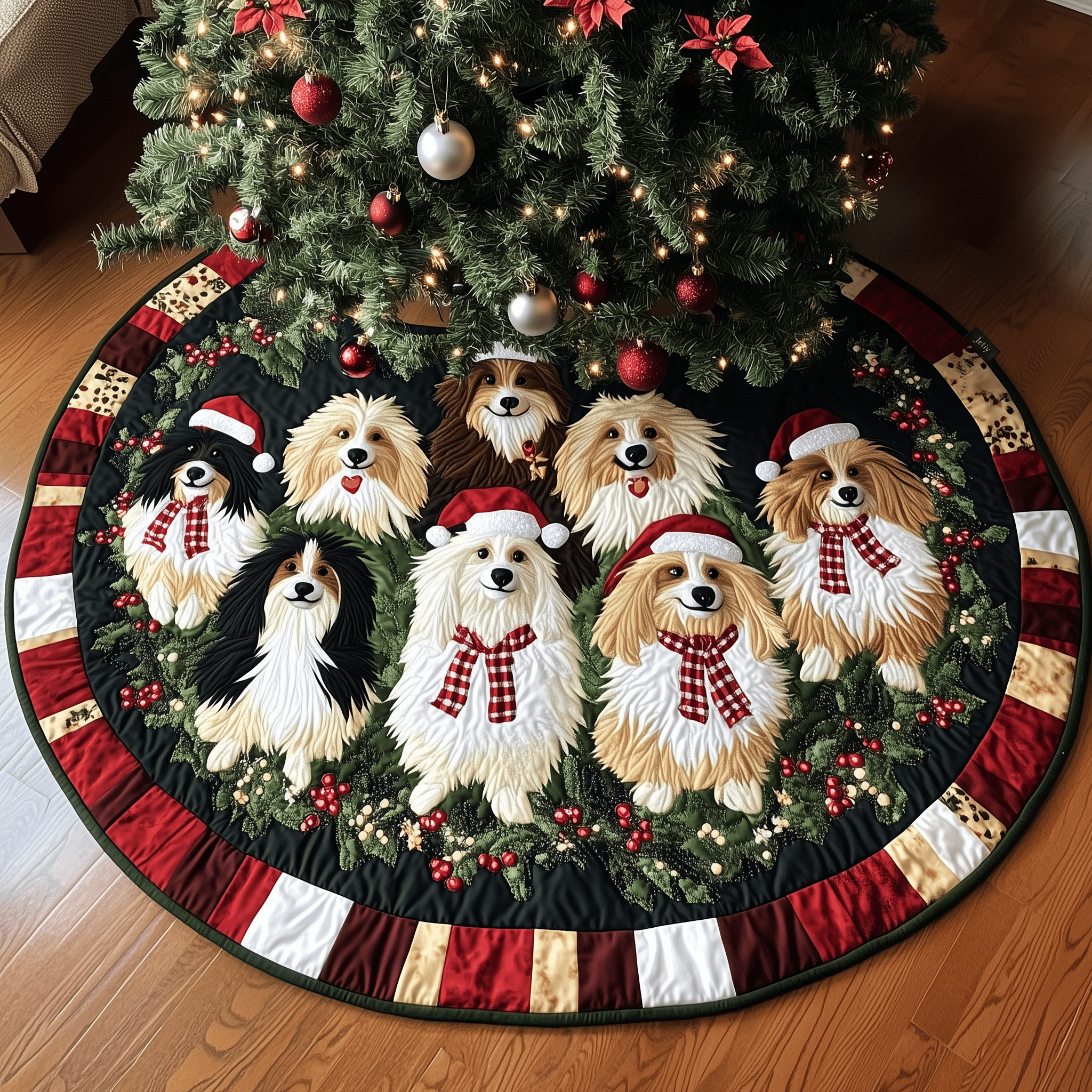 Festive Shetland Sheepdog Quilted Tree Skirt Enjoy a Relaxing Holiday with Peaceful Tree Decor Festive Shetland Sheepdog Quilted Tree Skirt Enjoy a Relaxing Holiday with Peaceful Tree Decor