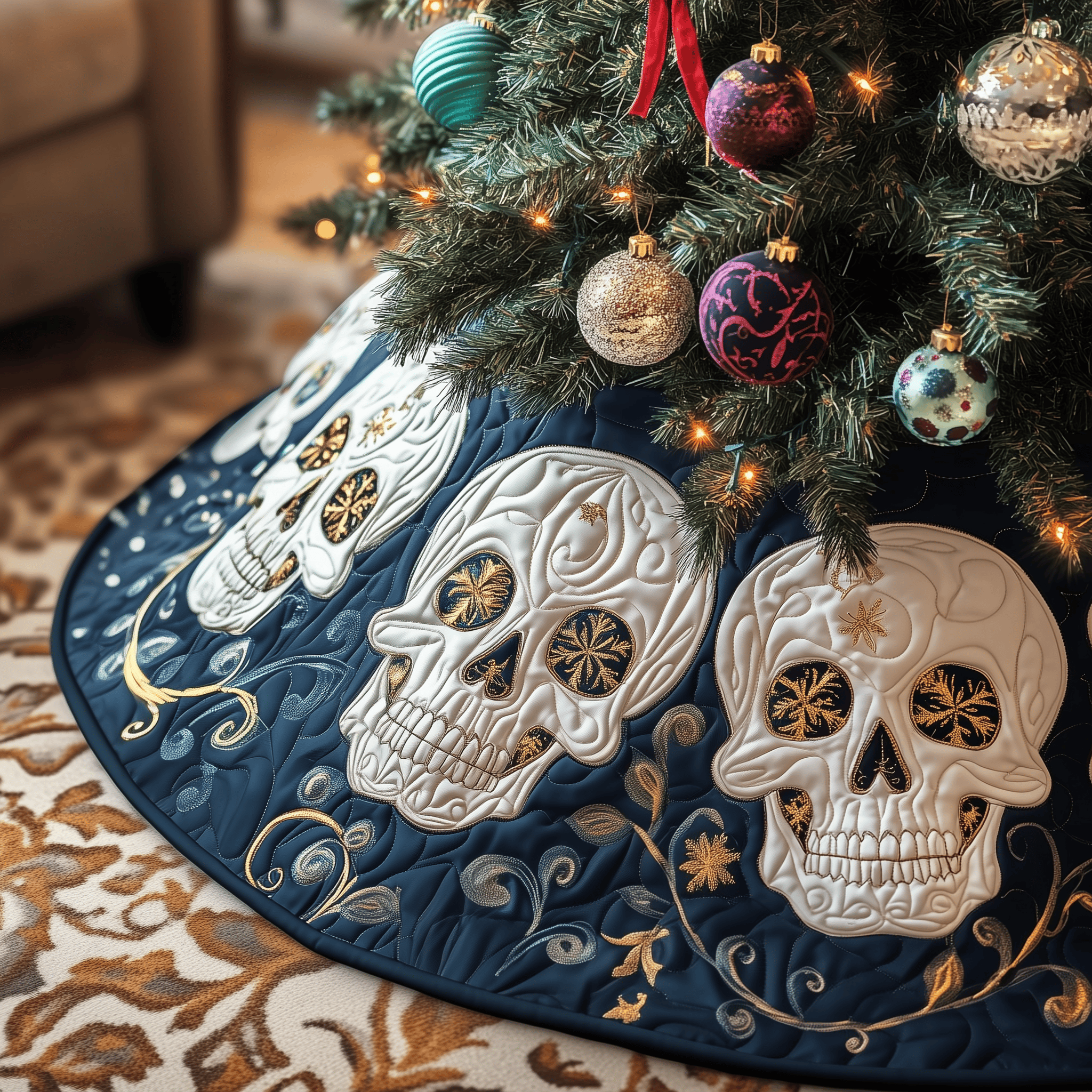 Festive Skull Quilted Tree Skirt Add Elegance to Your Tree While Keeping Floors Safe Festive Skull Quilted Tree Skirt Add Elegance to Your Tree While Keeping Floors Safe