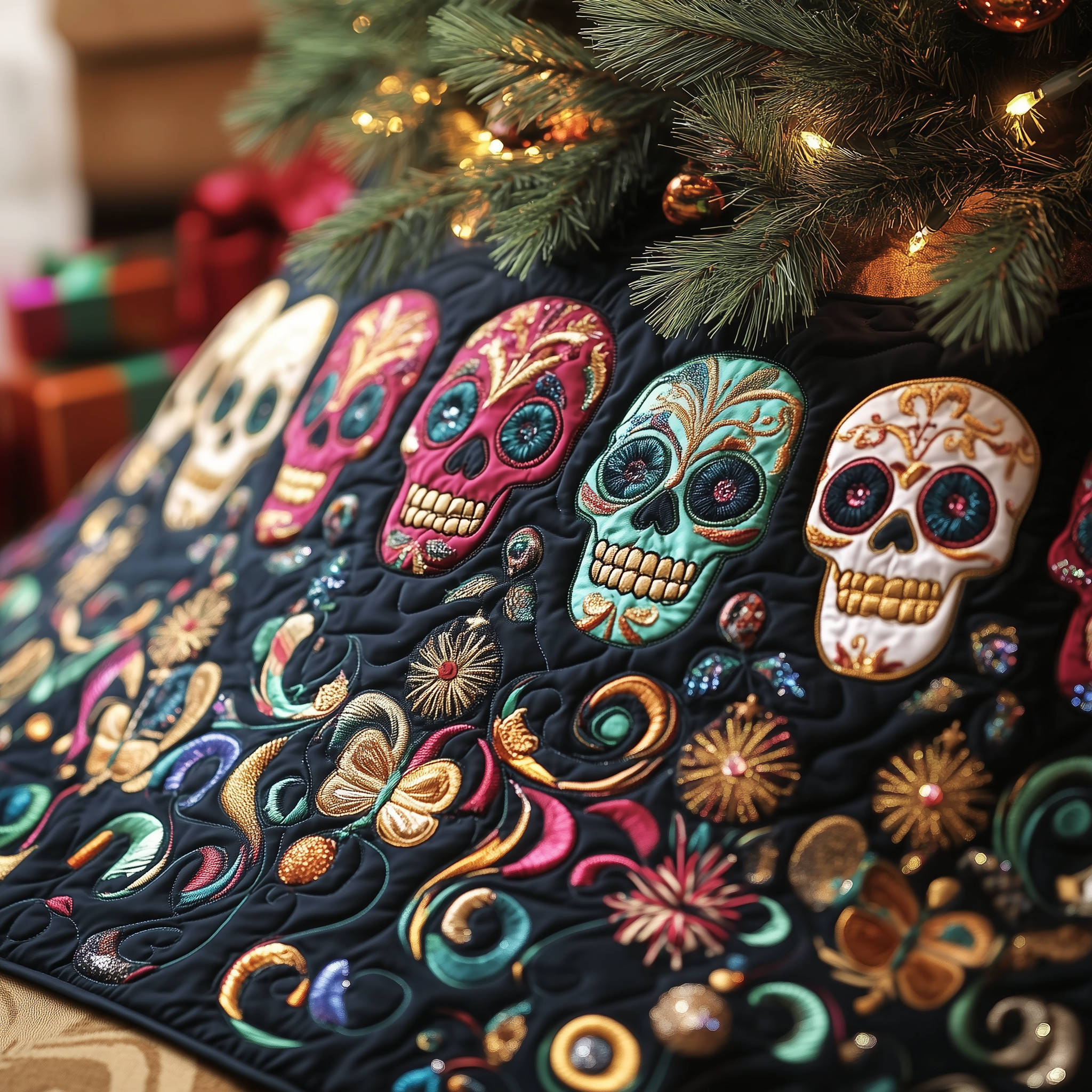 Festive Skull Quilted Tree Skirt Celebrate Joyfully with a Stylish Christmas Tree Skirt Festive Skull Quilted Tree Skirt Celebrate Joyfully with a Stylish Christmas Tree Skirt