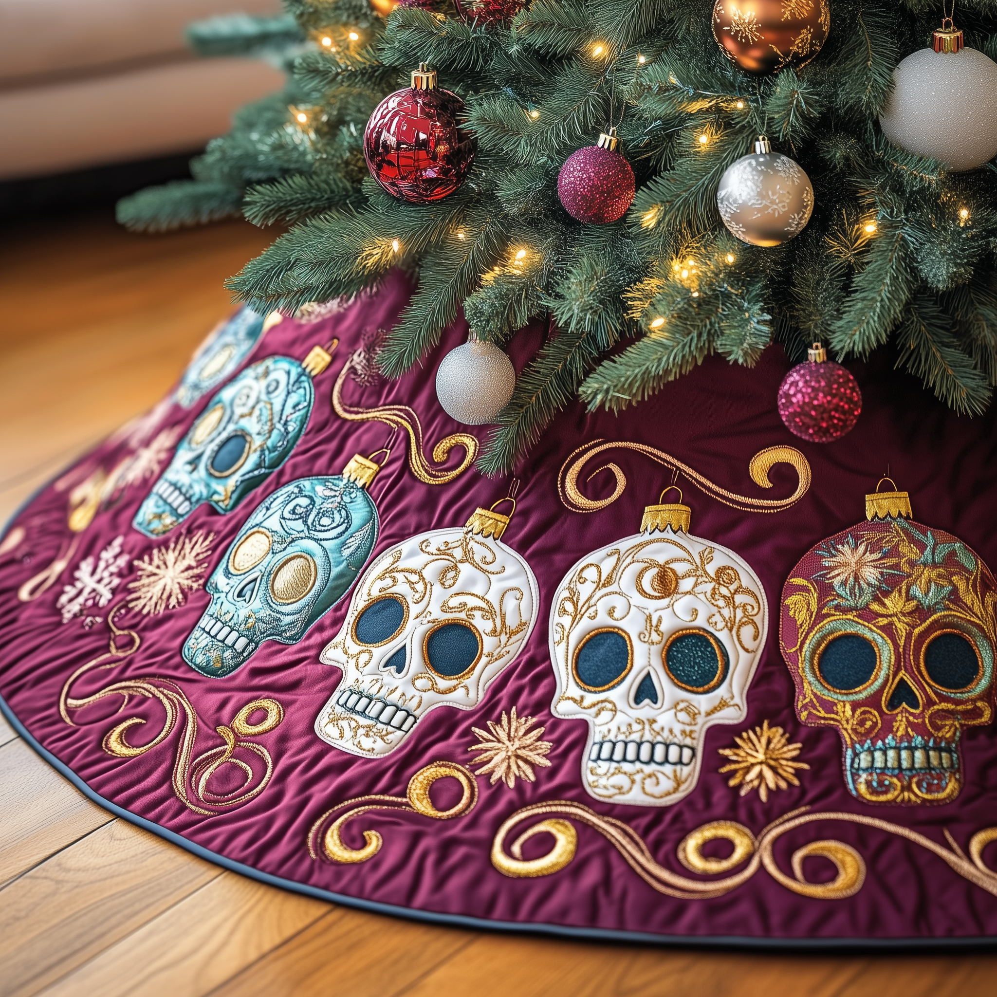 Festive Skull Quilted Tree Skirt Celebrate with Grace and Safety in Every Detail Festive Skull Quilted Tree Skirt Celebrate with Grace and Safety in Every Detail