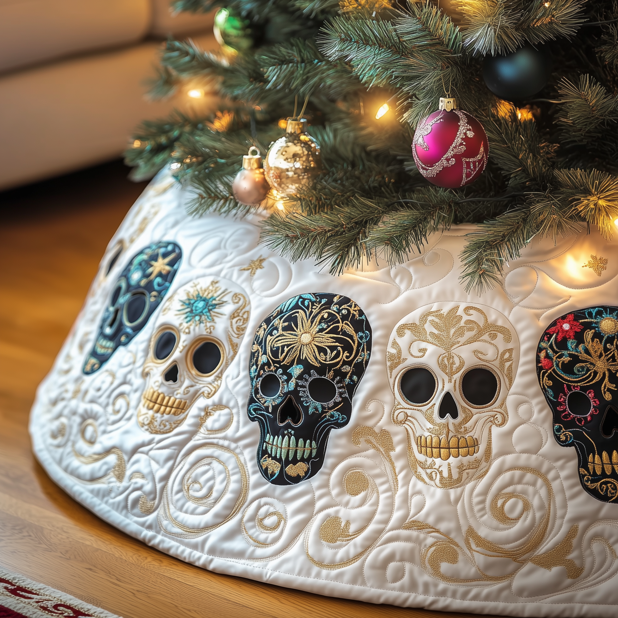 Festive Skull Quilted Tree Skirt Feel the Holiday Spirit with a Safe and Chic Tree Skirt Festive Skull Quilted Tree Skirt Feel the Holiday Spirit with a Safe and Chic Tree Skirt
