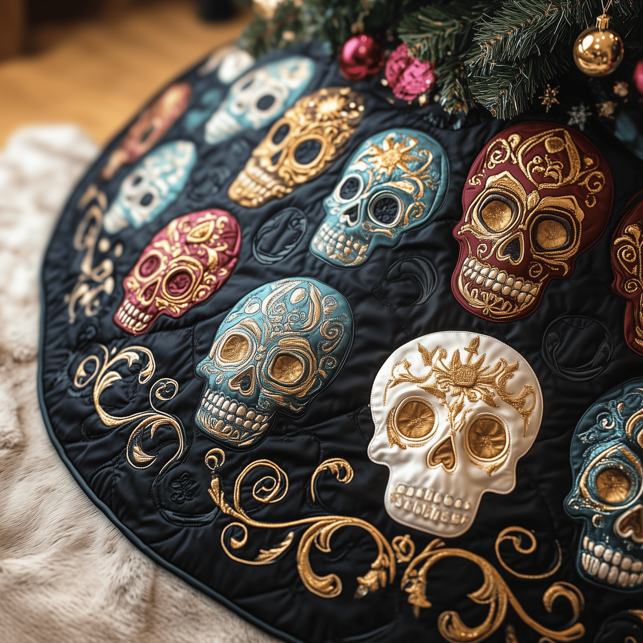 Festive Skull Quilted Tree Skirt Style Meets Comfort in the Perfect Christmas Tree Skirt Festive Skull Quilted Tree Skirt Style Meets Comfort in the Perfect Christmas Tree Skirt