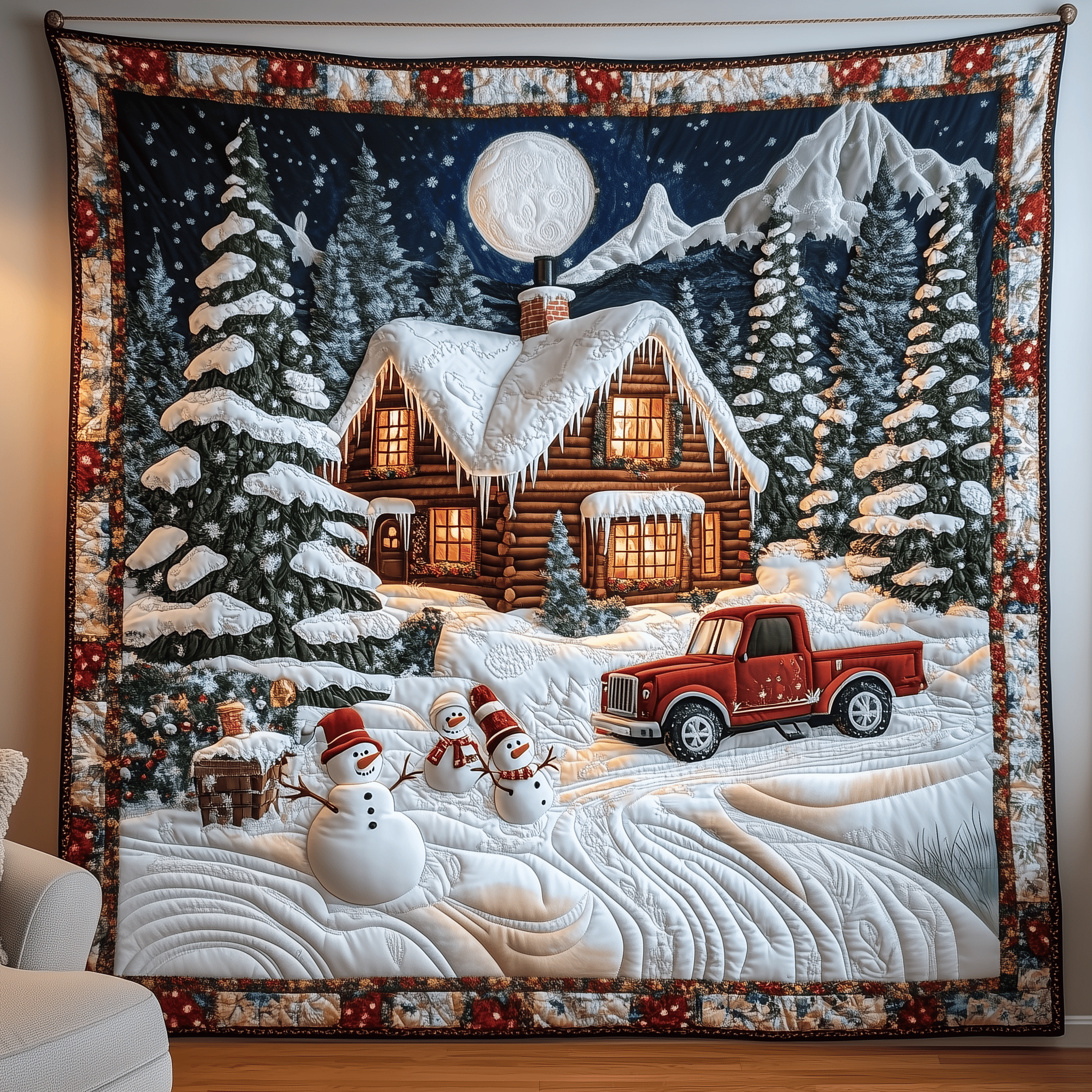 Festive Snowy Log Cabin Quilted Blanket Feel the Bond of Home with Our Family-Friendly Blanket Festive Snowy Log Cabin Quilted Blanket Feel the Bond of Home with Our Family-Friendly Blanket