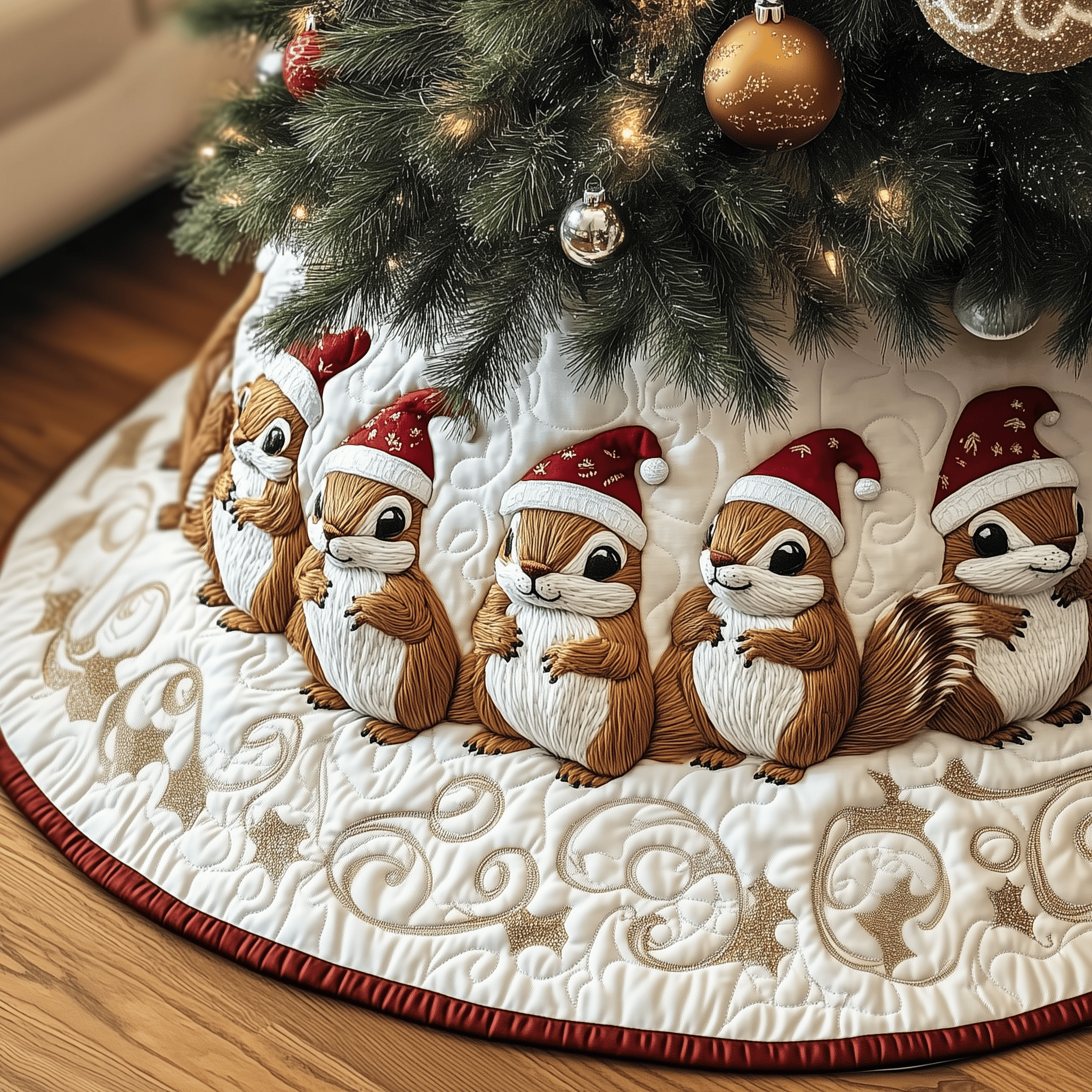 Festive Squirrel Quilted Tree Skirt Add Magic to Your Holidays with Safe Tree Decor Festive Squirrel Quilted Tree Skirt Add Magic to Your Holidays with Safe Tree Decor