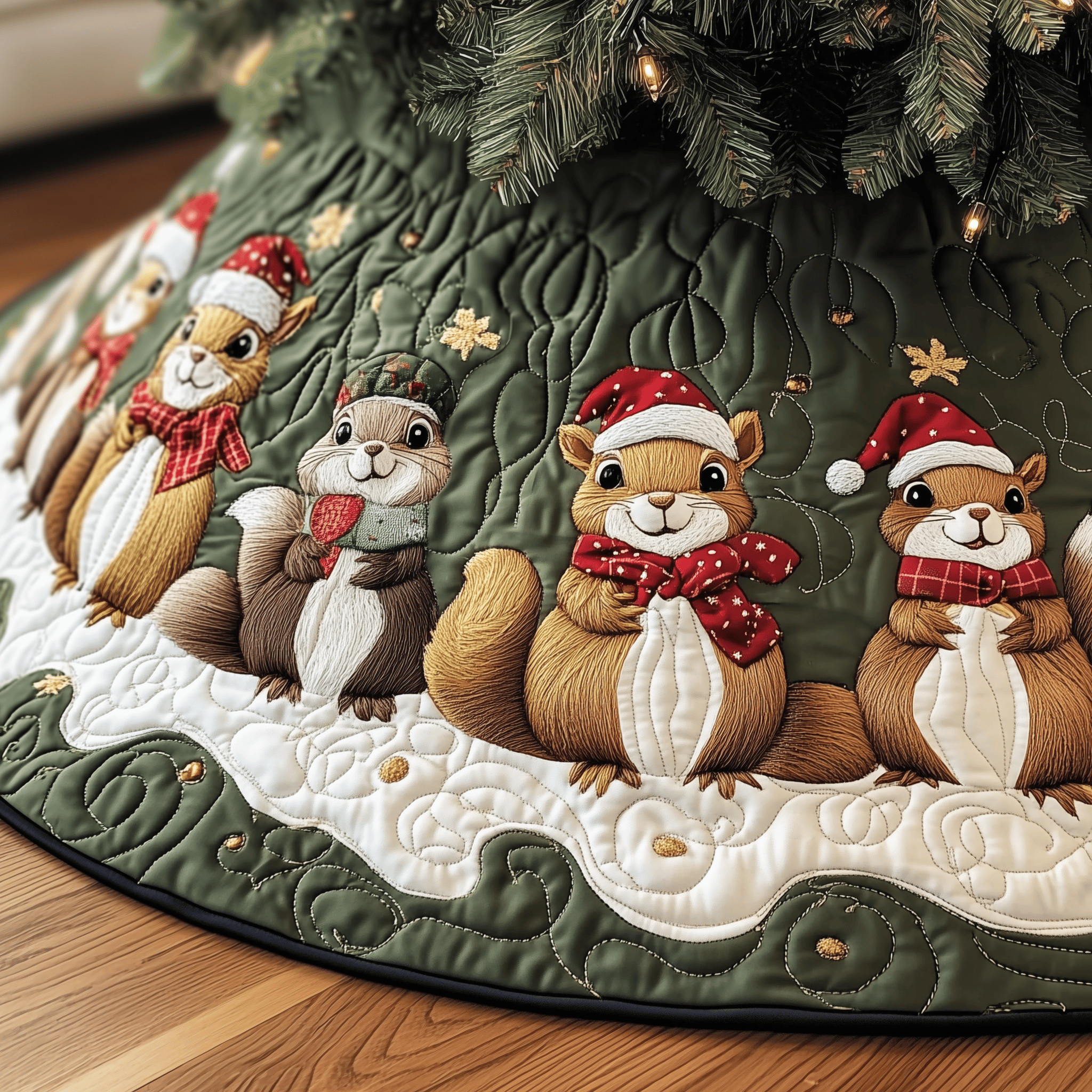 Festive Squirrel Quilted Tree Skirt Feel the Warmth of the Holidays with a Safe Tree Skirt Festive Squirrel Quilted Tree Skirt Feel the Warmth of the Holidays with a Safe Tree Skirt