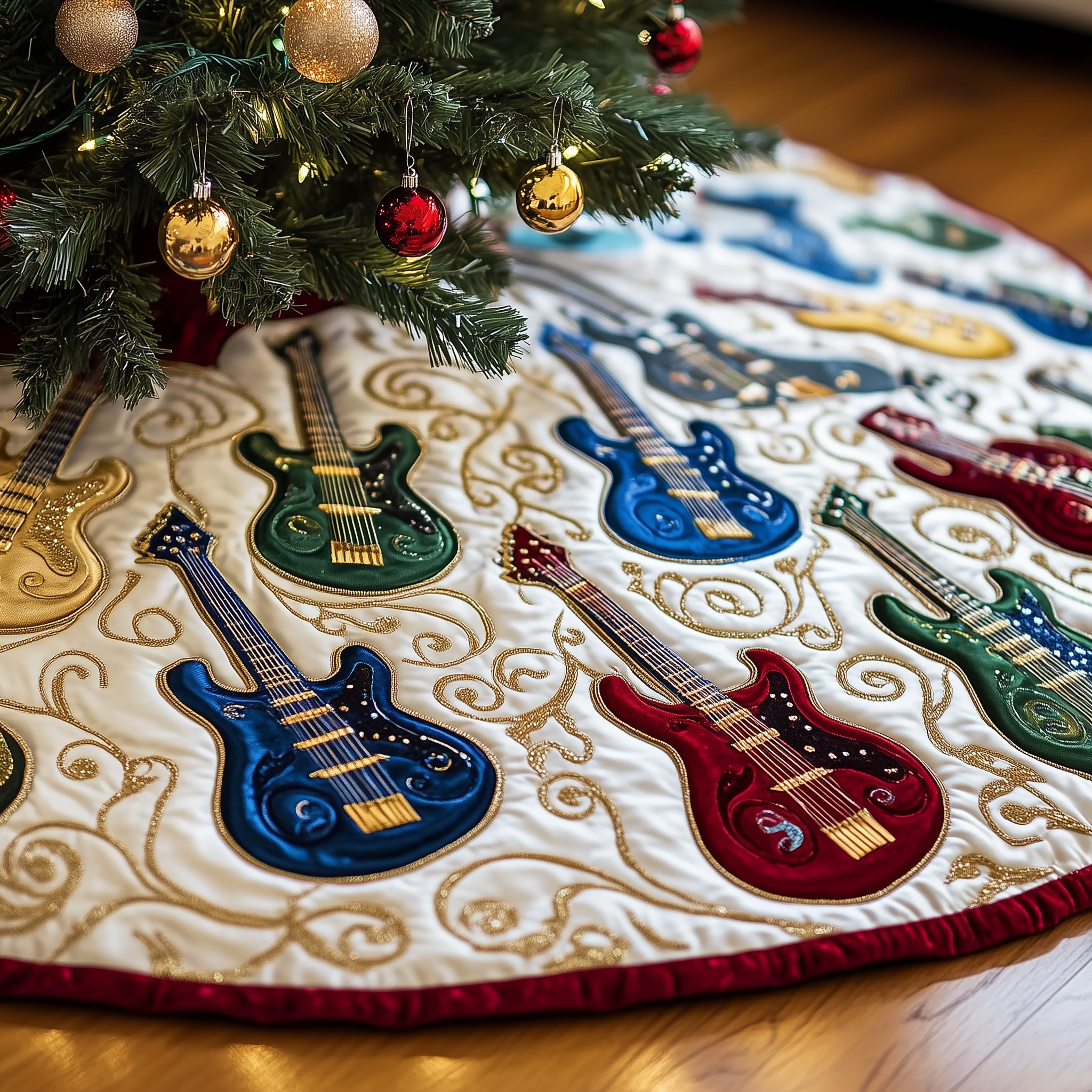 Festive Swirl Guitars Quilted Tree Skirt Add Heart to Your Holidays with a Durable Tree Skirt Festive Swirl Guitars Quilted Tree Skirt Add Heart to Your Holidays with a Durable Tree Skirt