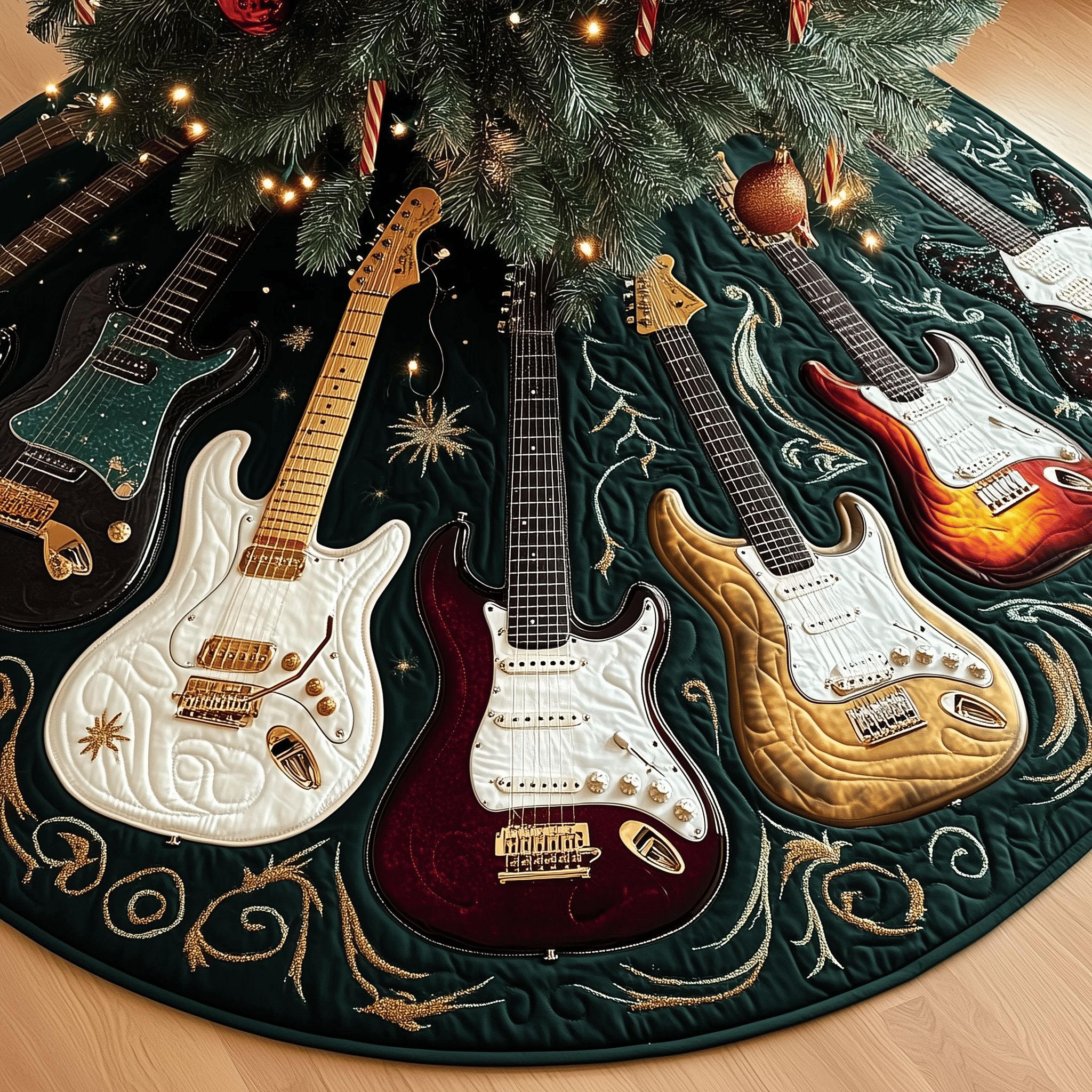 Festive Swirl Guitars Quilted Tree Skirt Celebrate Your Family's Traditions with Stylish Protection Festive Swirl Guitars Quilted Tree Skirt Celebrate Your Family's Traditions with Stylish Protection