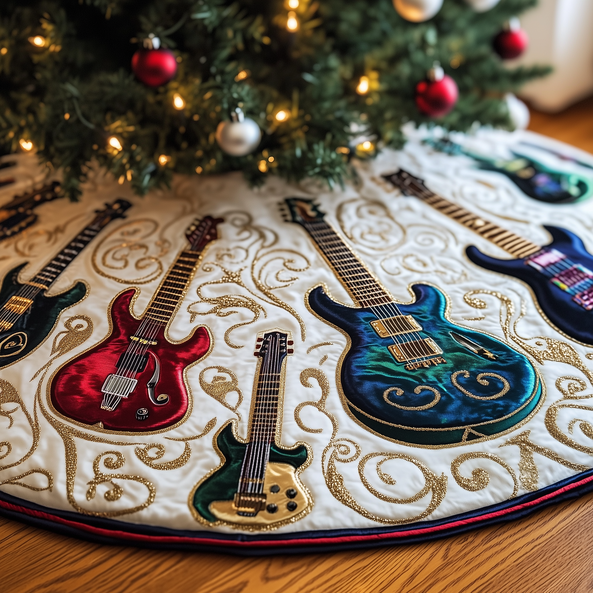 Festive Swirl Guitars Quilted Tree Skirt Feel Closer to Home with Safe Holiday Decor Festive Swirl Guitars Quilted Tree Skirt Feel Closer to Home with Safe Holiday Decor