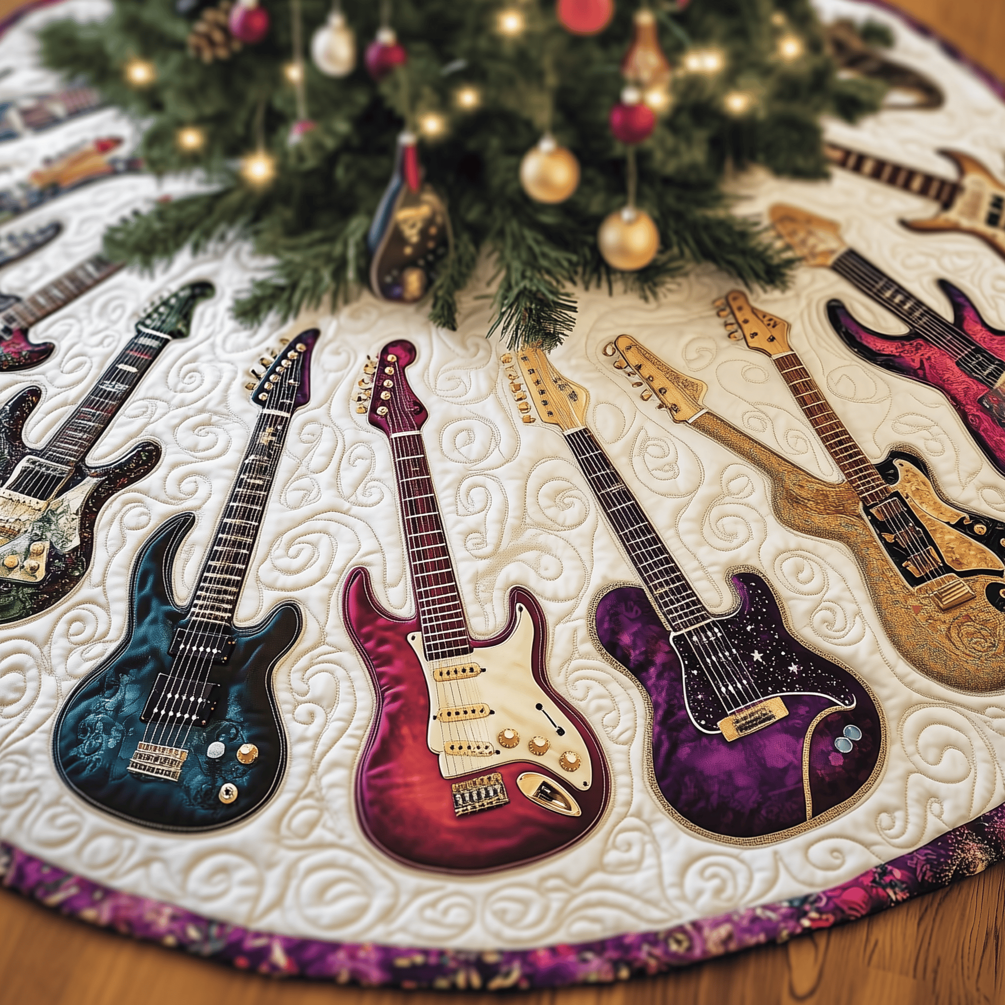 Festive Swirl Guitars Quilted Tree Skirt Feel the Love of Christmas Under a Safe Tree Skirt Festive Swirl Guitars Quilted Tree Skirt Feel the Love of Christmas Under a Safe Tree Skirt