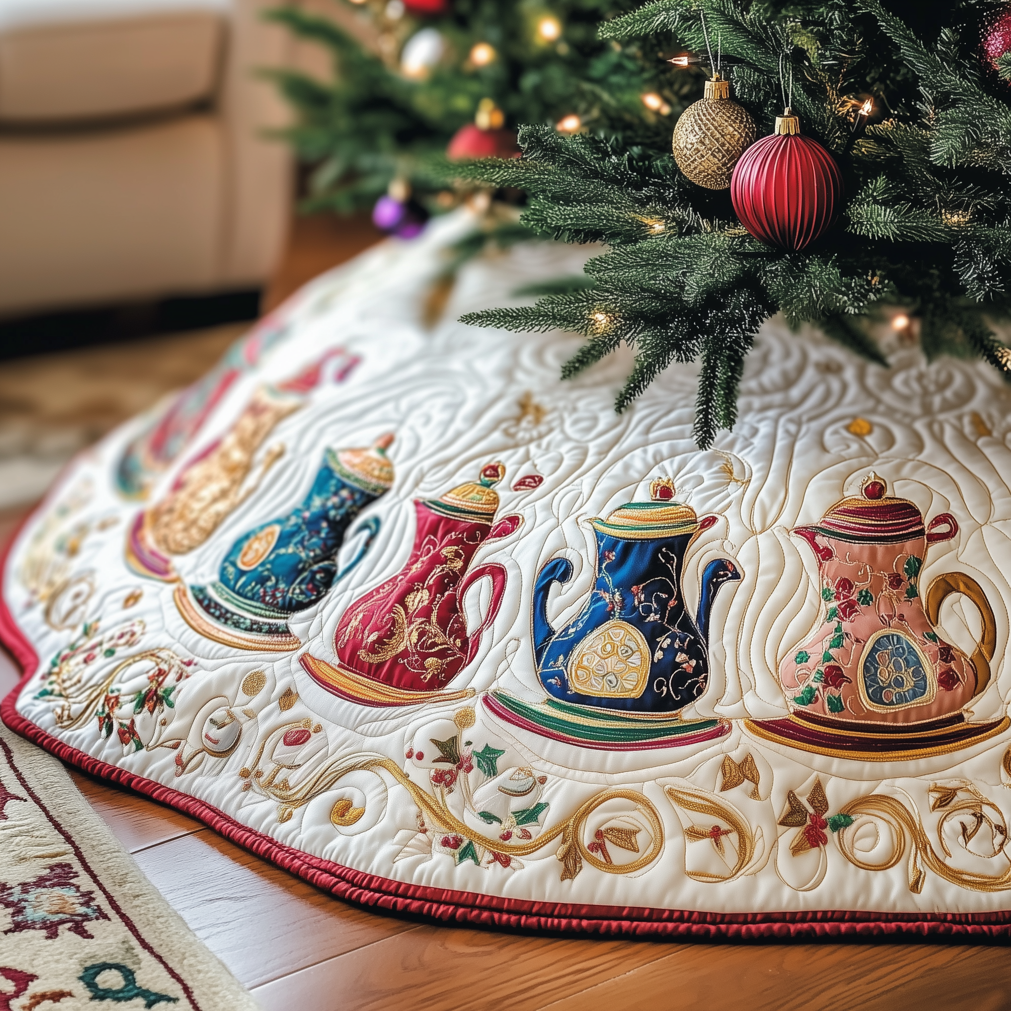 Festive Teapot Quilted Tree Skirt Celebrate the Holidays in Style and Safety Festive Teapot Quilted Tree Skirt Celebrate the Holidays in Style and Safety