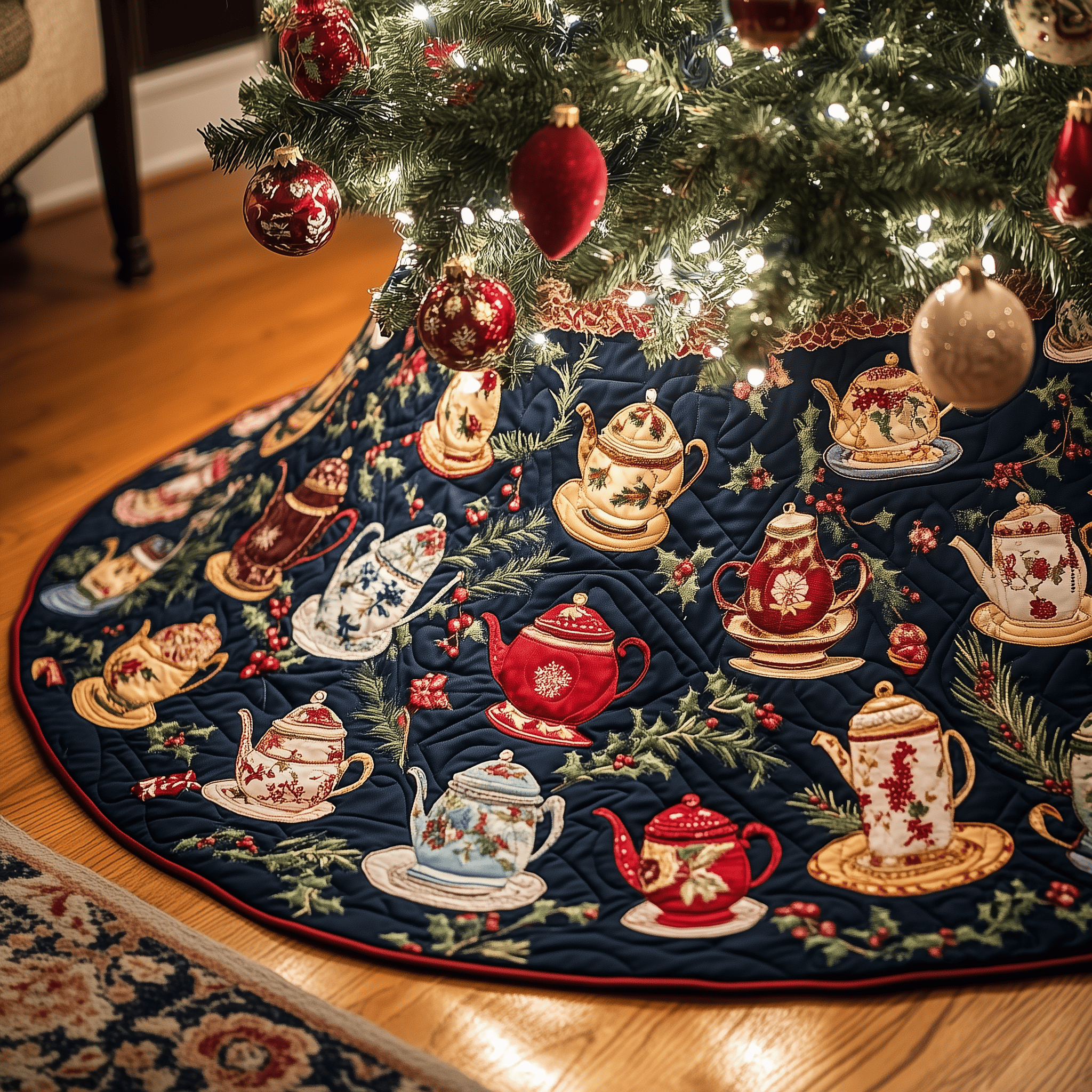 Festive Teapot Quilted Tree Skirt Celebrate the Holidays Without Stress Choose Safety Festive Teapot Quilted Tree Skirt Celebrate the Holidays Without Stress Choose Safety
