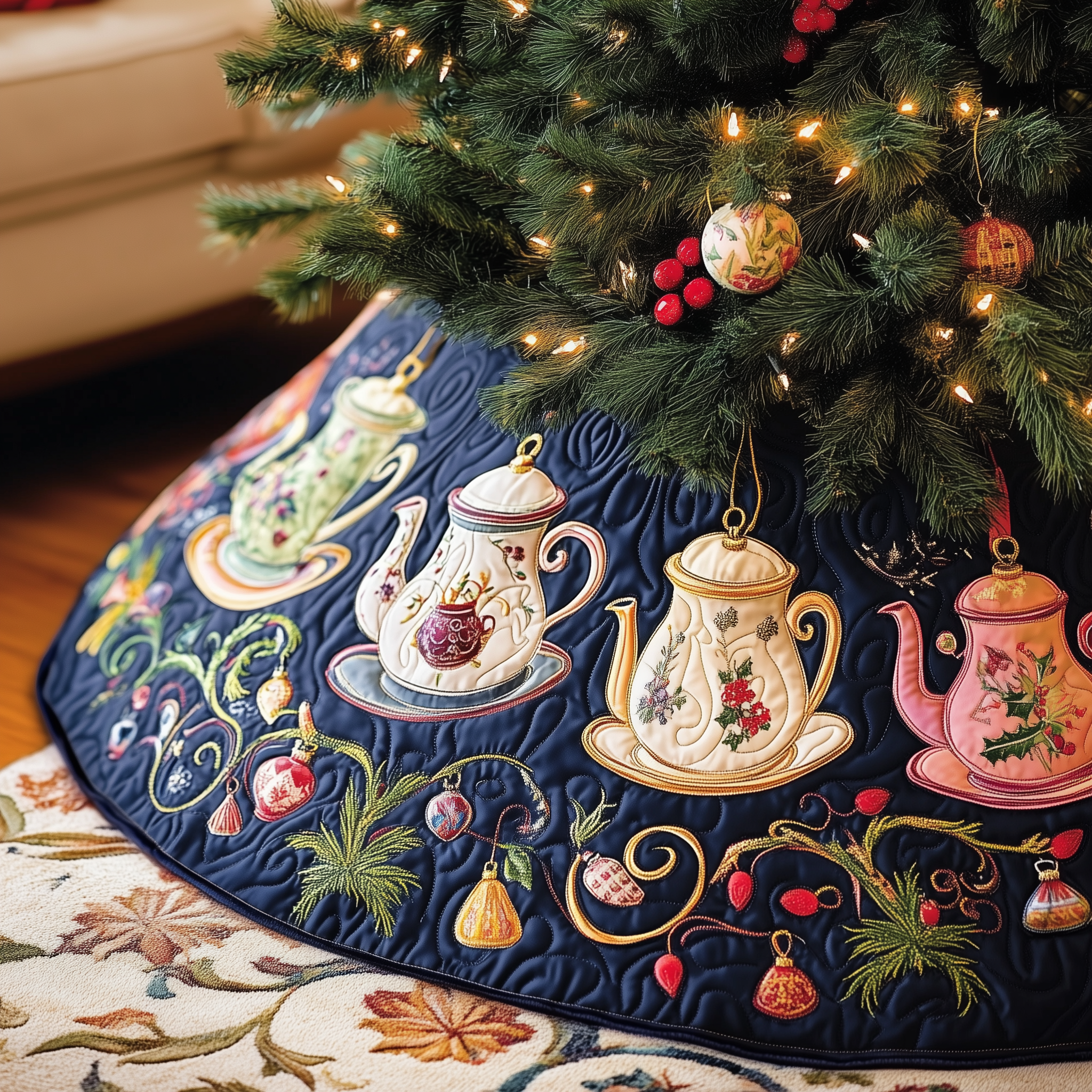 Festive Teapot Quilted Tree Skirt Celebrate Traditions with a Safe and Elegant Tree Skirt Festive Teapot Quilted Tree Skirt Celebrate Traditions with a Safe and Elegant Tree Skirt