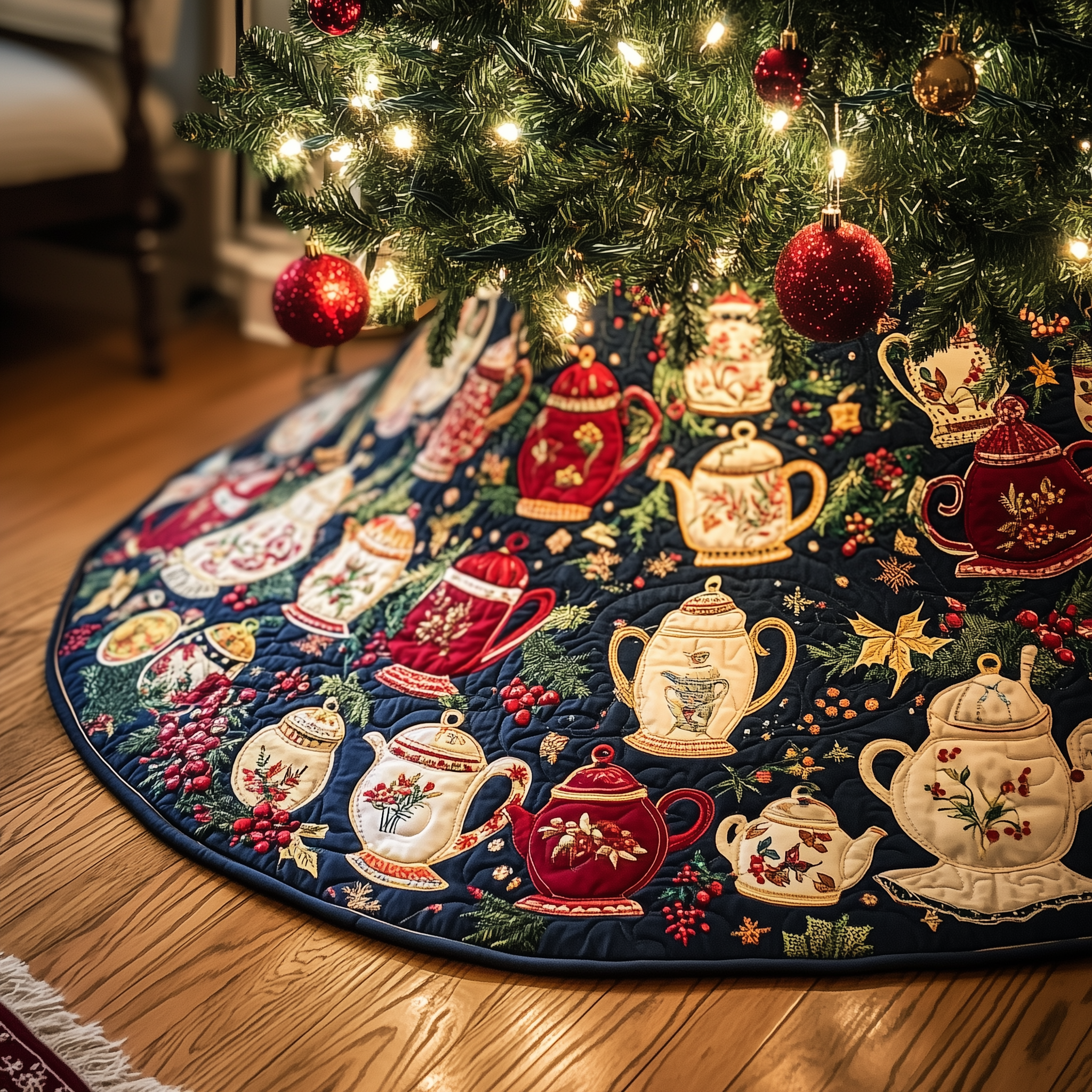 Festive Teapot Quilted Tree Skirt Feel the Calm of Christmas with Durable Tree Decor Festive Teapot Quilted Tree Skirt Feel the Calm of Christmas with Durable Tree Decor