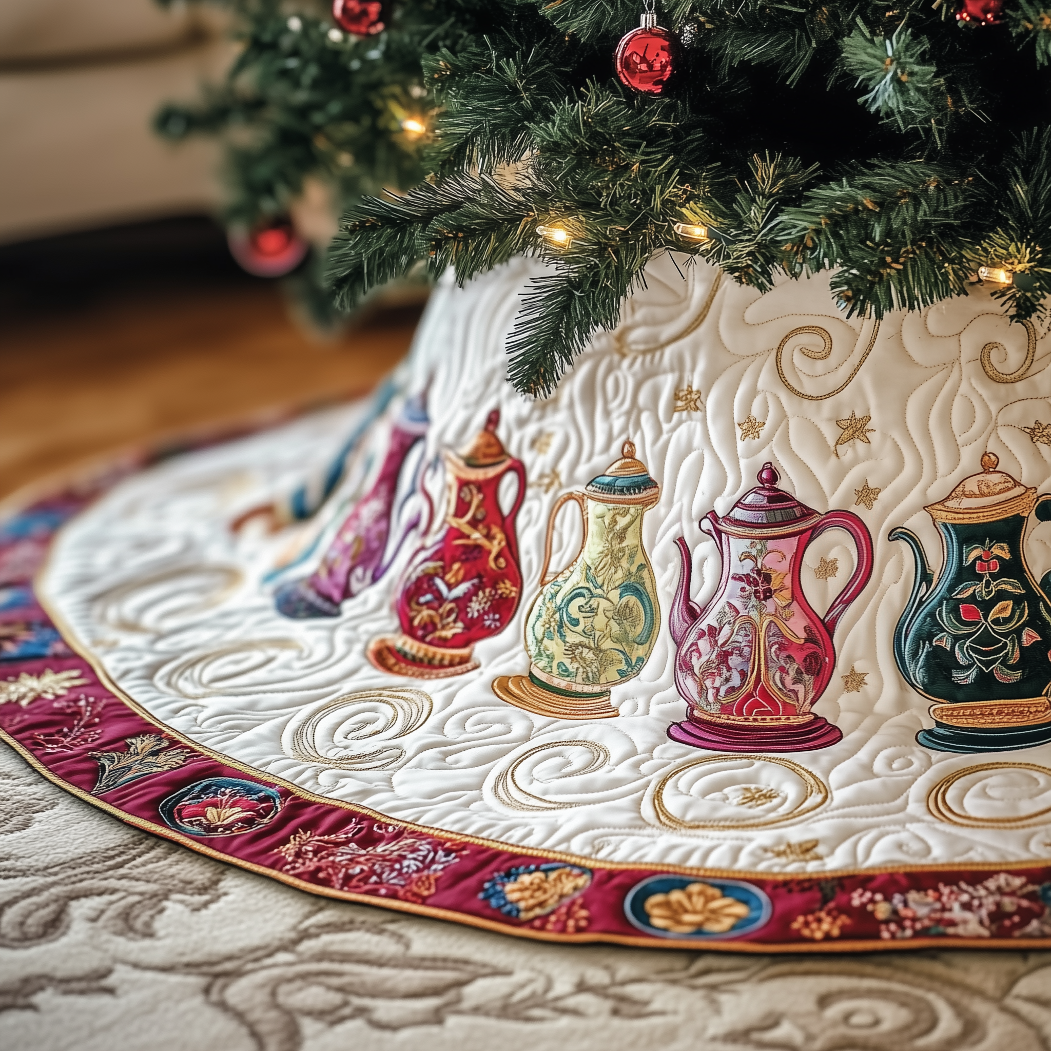 Festive Teapot Quilted Tree Skirt Feel the Essence of Christmas with a Perfect Tree Skirt Festive Teapot Quilted Tree Skirt Feel the Essence of Christmas with a Perfect Tree Skirt